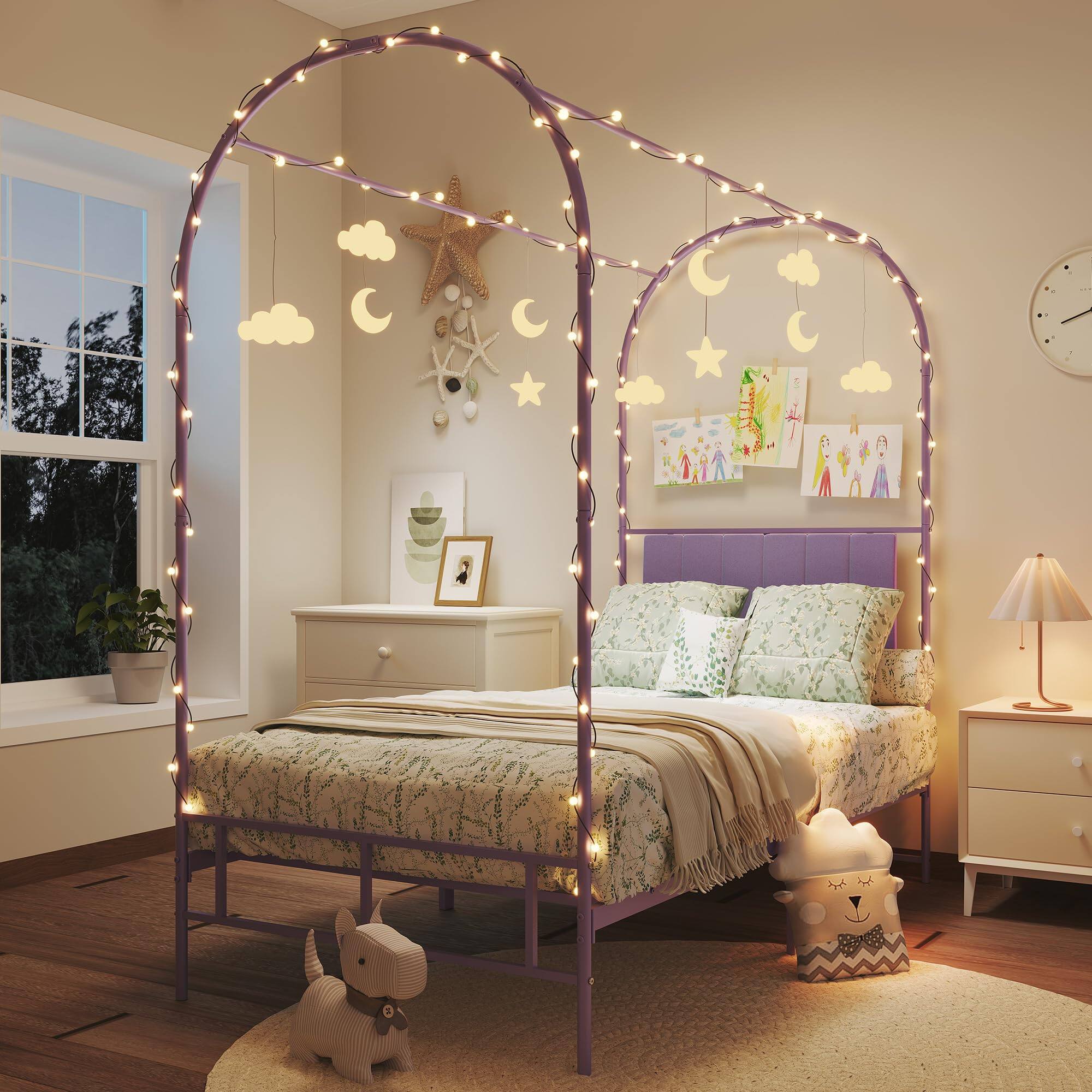 Alt View 1. Acekool - Twin Canopy Bed Frame with Upholstered Headboard, Metal Kids Bed Frame, No Box Spring Needed - Purple.