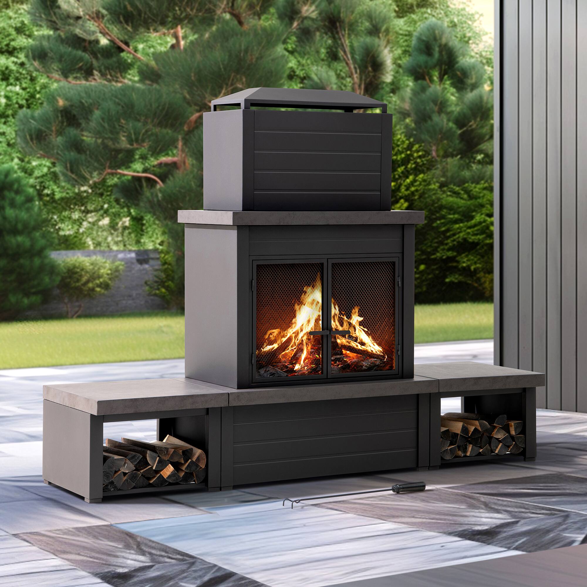 Angle. SUNJOY - SUNJOY 76" Modern Outdoor Wood-Burning Steel Fireplace with Chimney, Log Holders, Mesh Doors, Ash Pan & Cover, Brown - brown.
