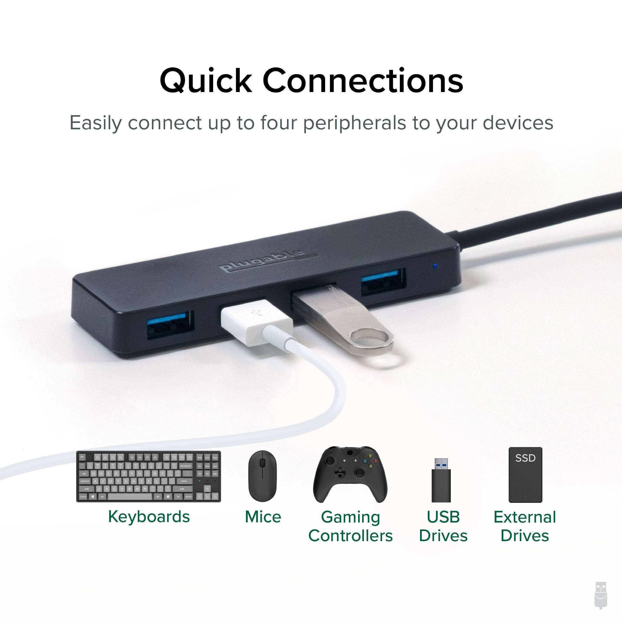 Quick Connections

Easily connect up to four peripherals to your devices

Keyboards  
Mice  
Gaming Controllers  
USB Drives  
External Drives