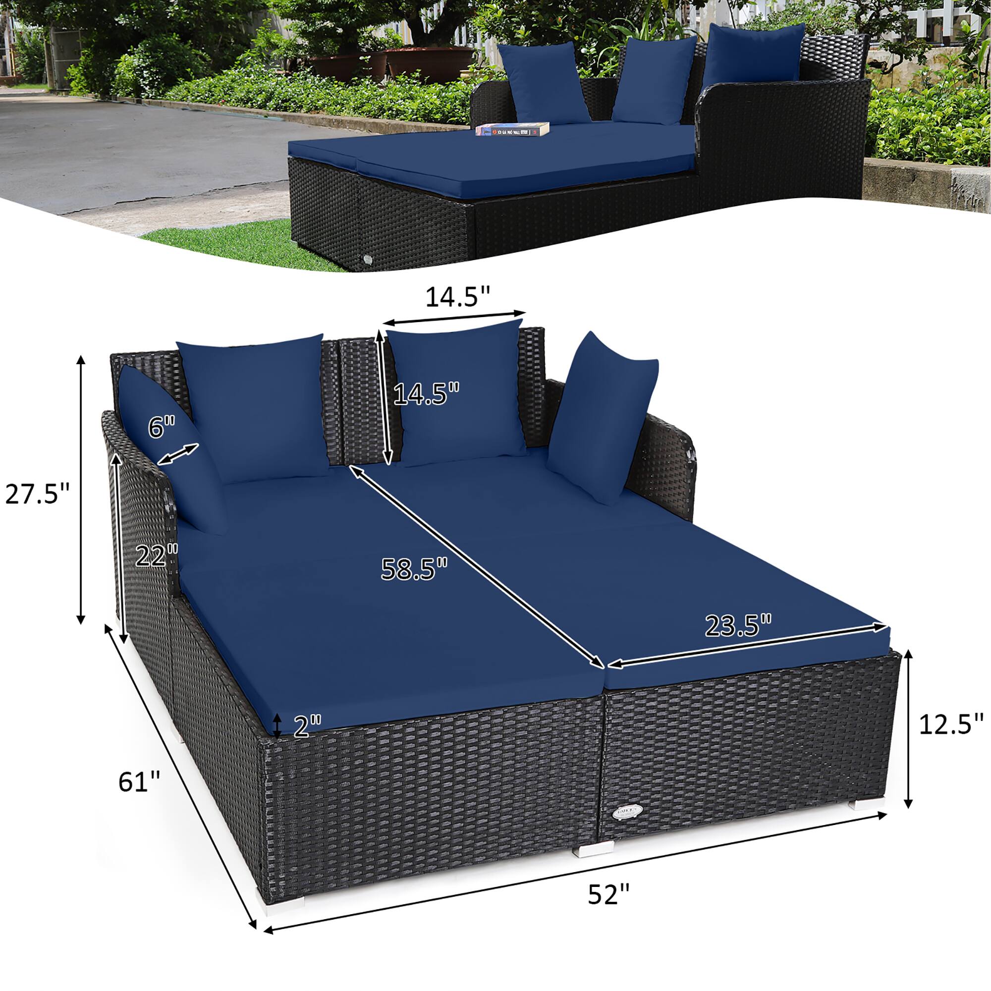 The text on the image is grouped and corrected as follows:

1. 11 14.5" 6" 14.5" 27.5" 220 58.5" 23.5" 20 12.5" 61" 52"

The image shows a blue wicker bed with a blue mattress and pillows. The bed is placed on a grassy area, and the image also includes a diagram with dimensions of the bed.
