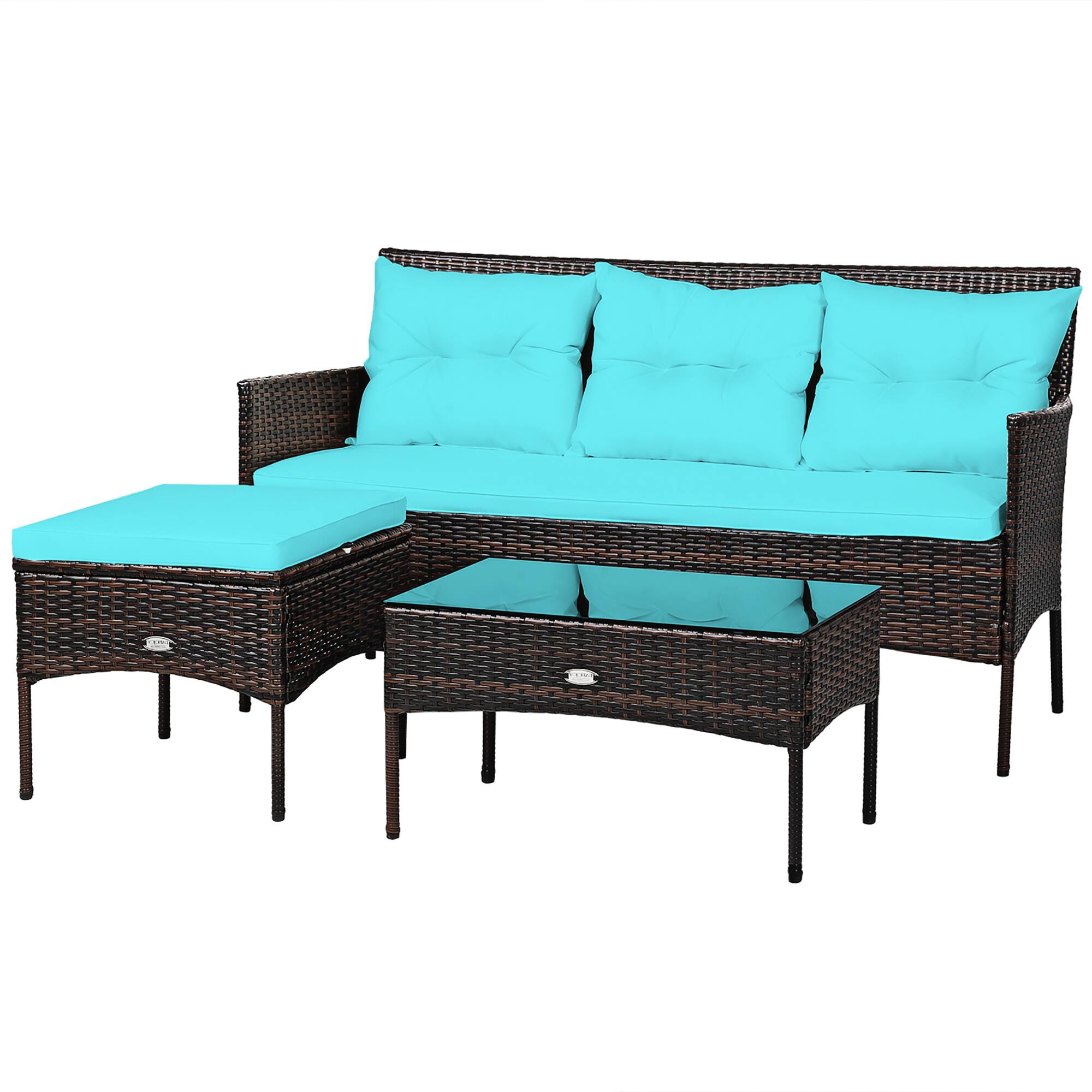 Alt View 1. Gymax - Gymax 3PCS Patio Rattan Sectional Conversation Furniture Set w/ Turqouise Cushions - Turqouise.