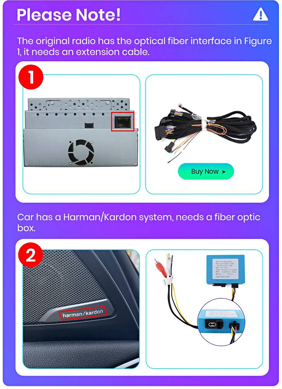 Please Note!  
The original radio has the optical fiber interface in Figure 1, it needs an extension cable.  

1. Buy Now  
Car has a Harman/Kardon system, needs a fiber optic box.  

2. VO harman/kardon