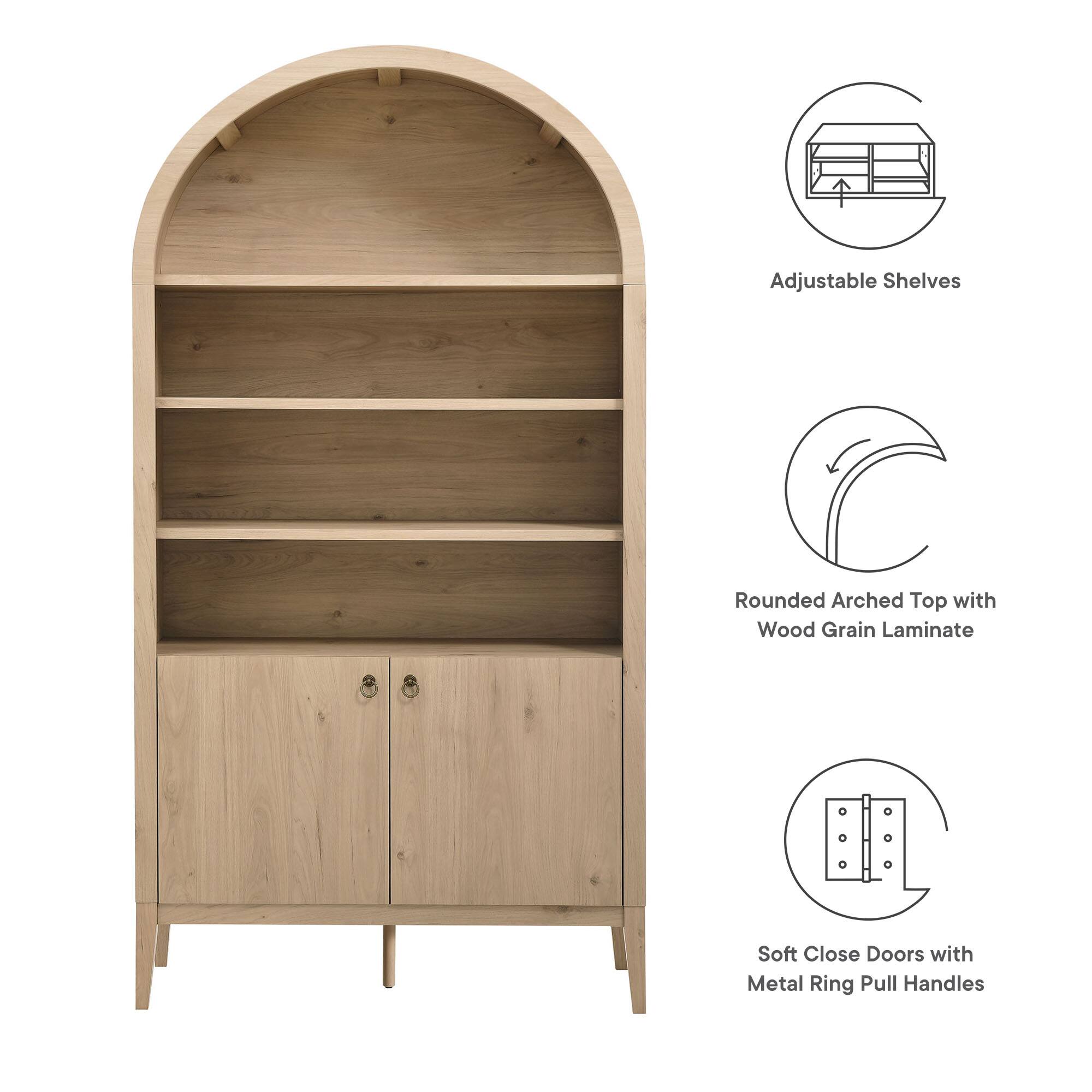 Adjustable Shelves  
Rounded Arched Top with Wood Grain Laminate  
Soft Close Doors with Metal Ring Pull Handles