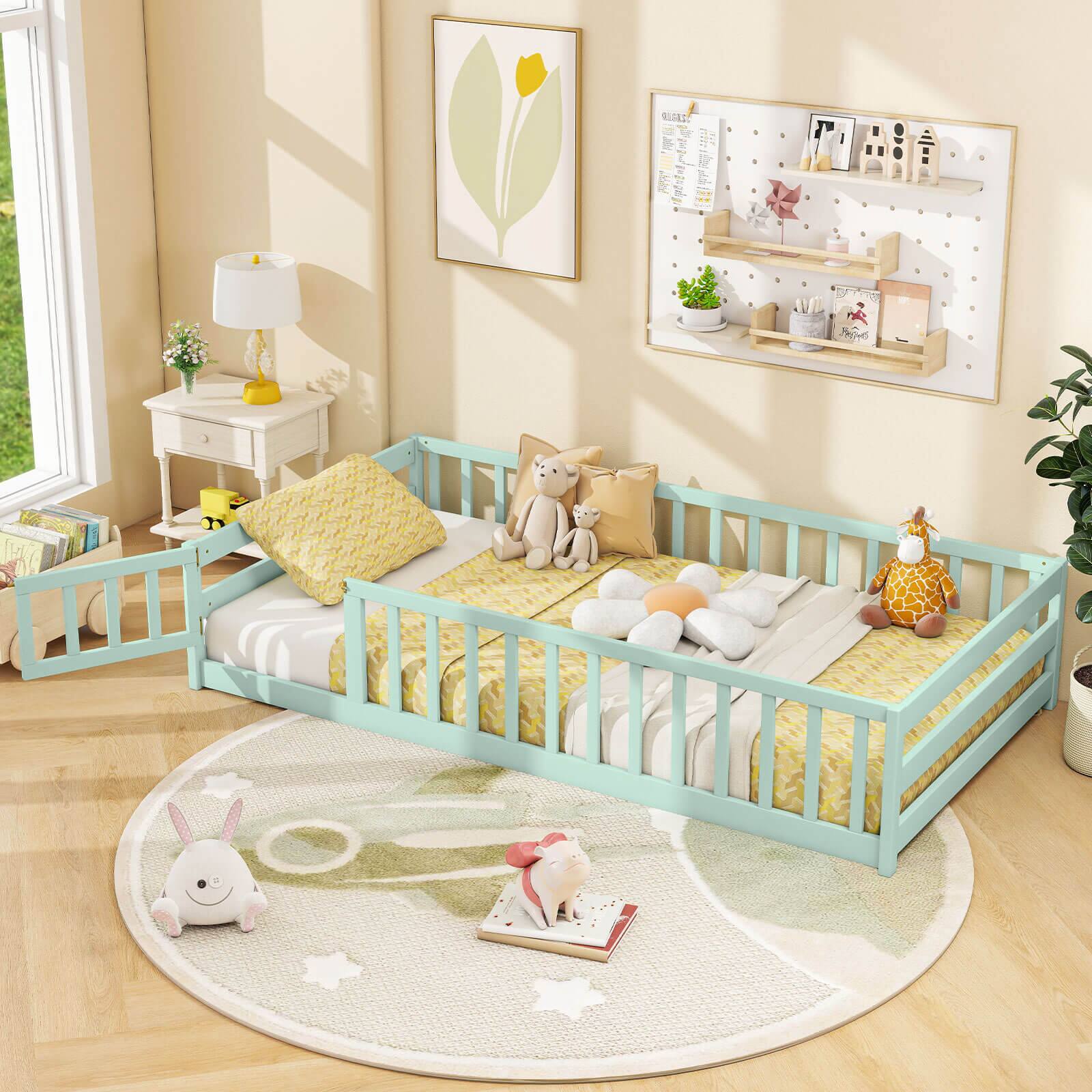 Alt View 3. Costway - Costway Twin Size Wooden Floor Bed with Full Length Safety Guardrails Door & Latch - Mint Sky.