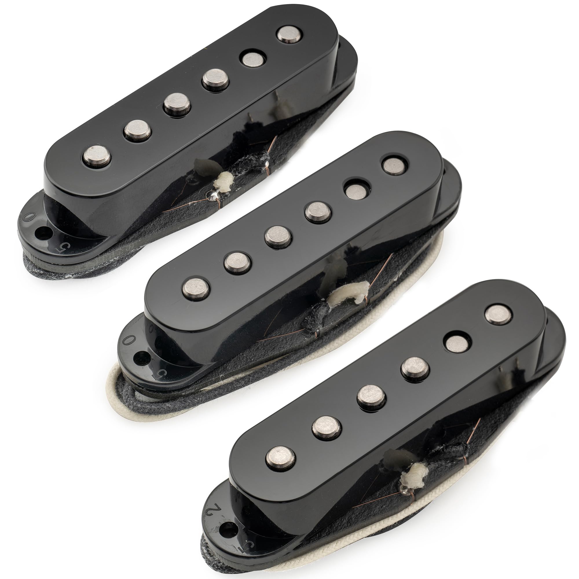 Front. Dazzling Pops - Pro St-50s Staggered Alnico 5 Single Coil Neck Middle Bridge Pickups Set For Strat Style Electric Guitar Cream - Set Black.