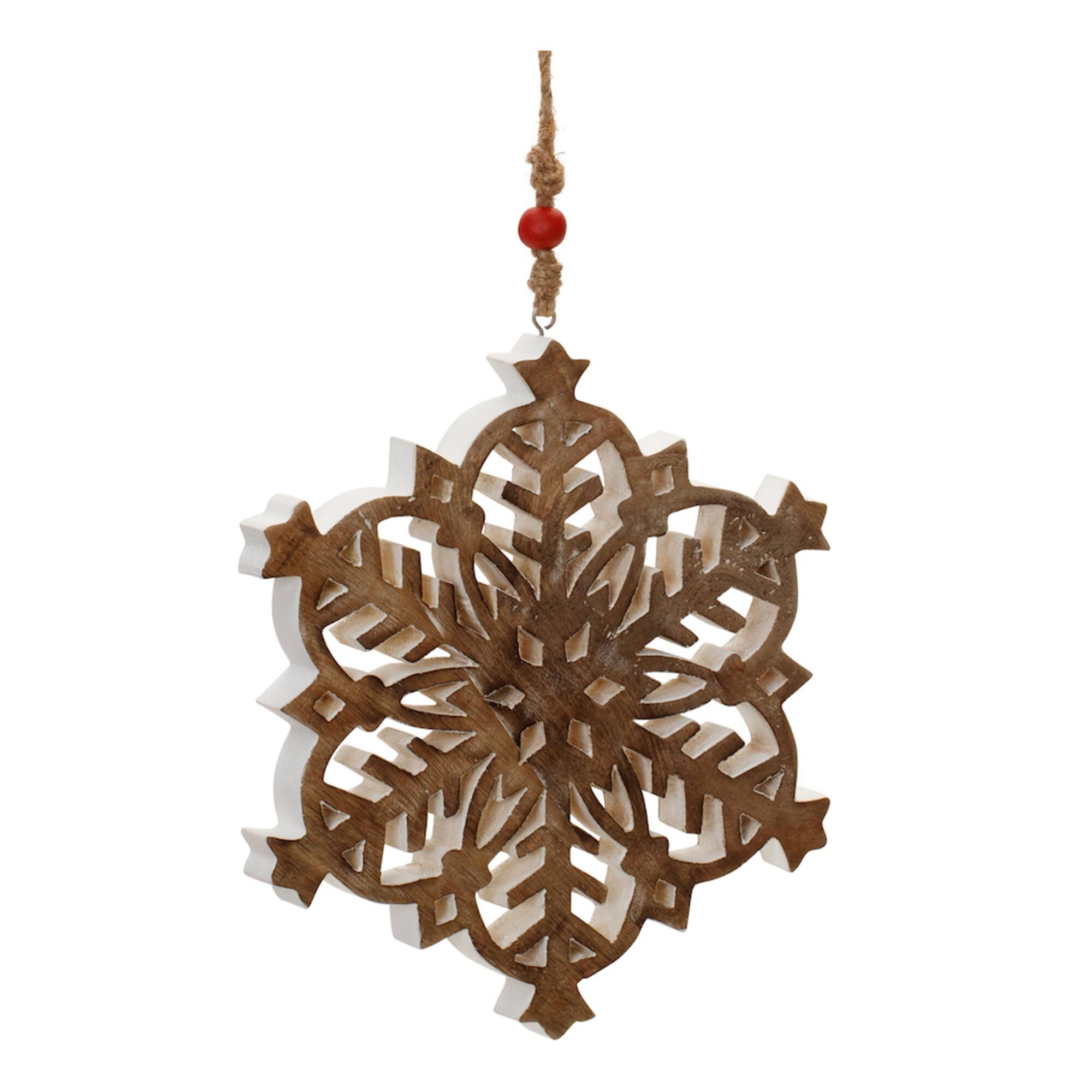 BreeBe - Mango Wood Snowflake Cut-Out Ornament (Set of 4) - Brown