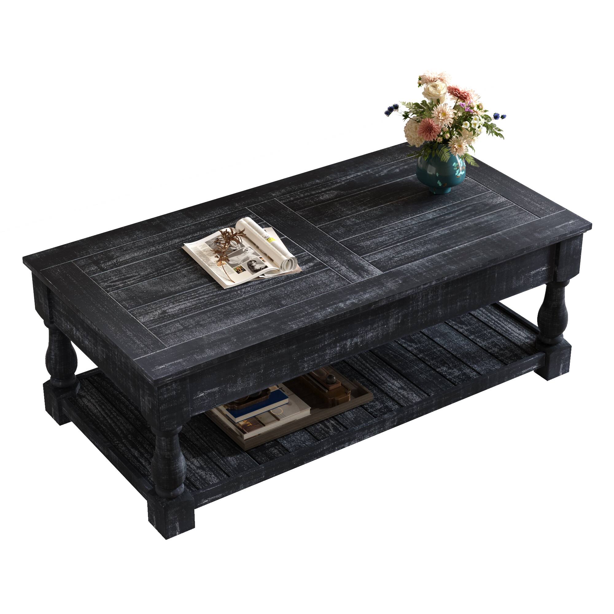 Back. TinyHomie - Farmhouse Lift Top Coffee Table Fixed Shelf 3 Storage Trays Weathered Black Two Tier - Brown.