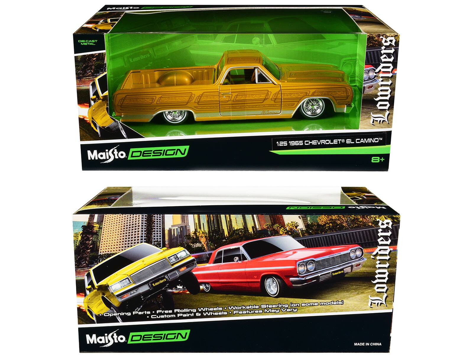 Mabt UELAST METAL Returibers e Lowriders 1965 CHEVROLET EL CAMINO 1:25 Maisto. DESIGN 8+  
Made in China  
Die Cast Metal  
Lowriders  
Free Rolling Wheels  
Worksble Steering (on some models)  
Lowriders Opening Parts  
Free Parts & Wheels  
Features Custom Paint