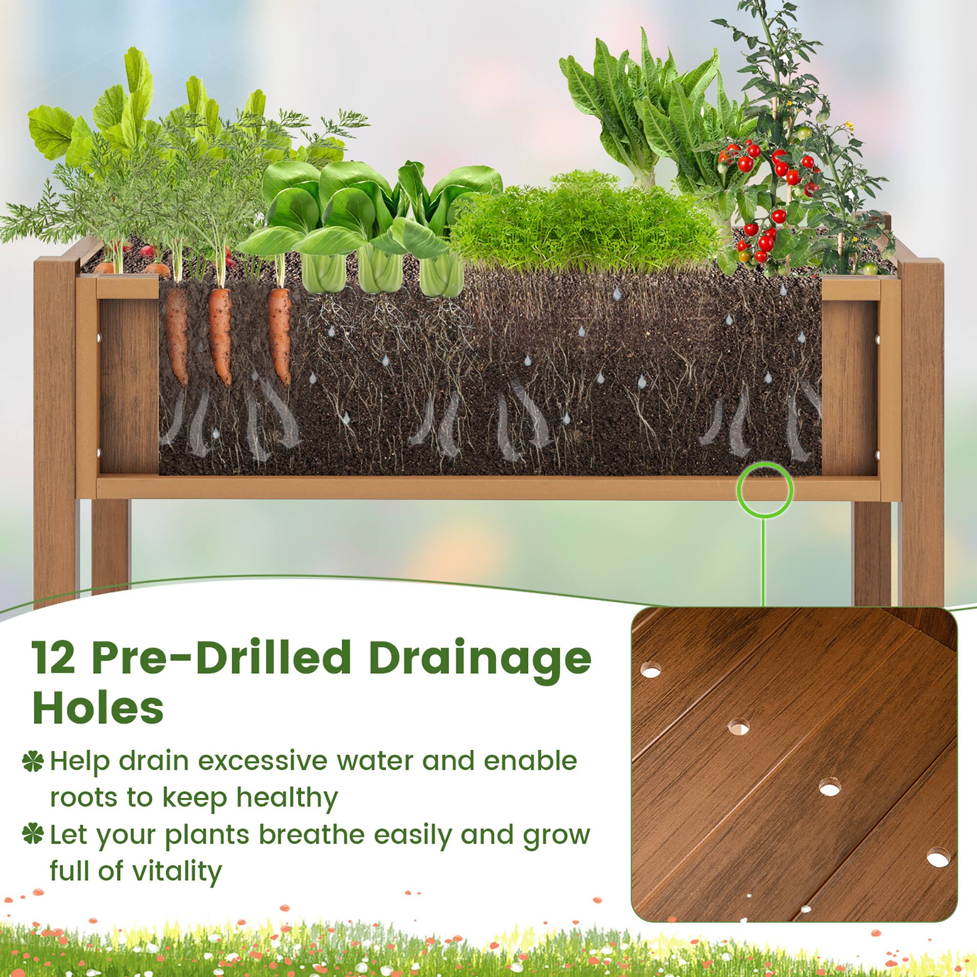 12 Pre-Drilled Drainage Holes  
Help drain excessive water and enable roots to keep healthy  
Let your plants breathe easily and grow full of vitality