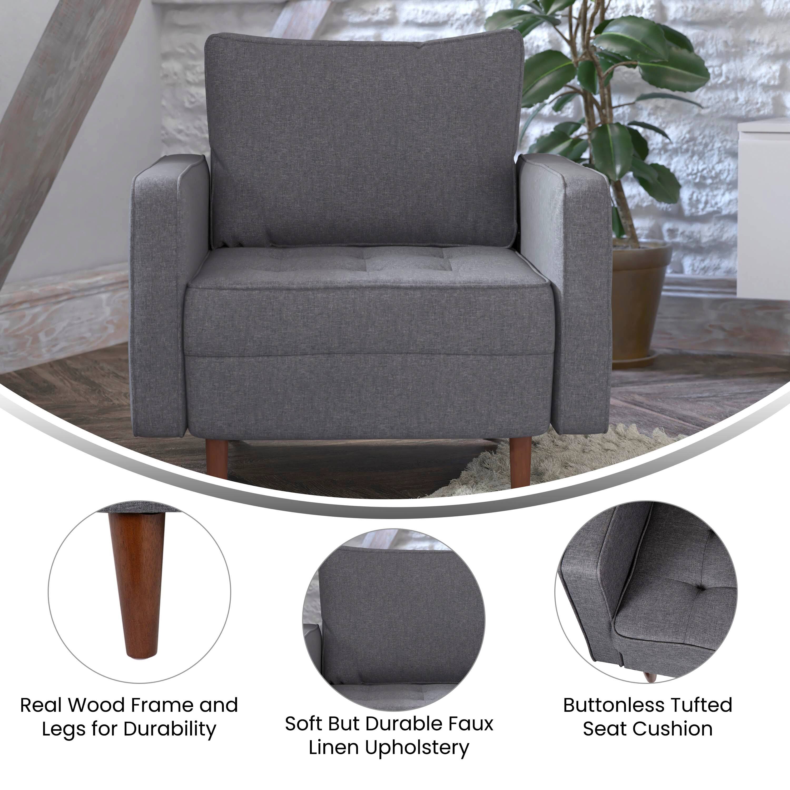 Real Wood Frame and Legs for Durability  
Soft But Durable Faux Linen Upholstery  
Buttonless Tufted Seat Cushion