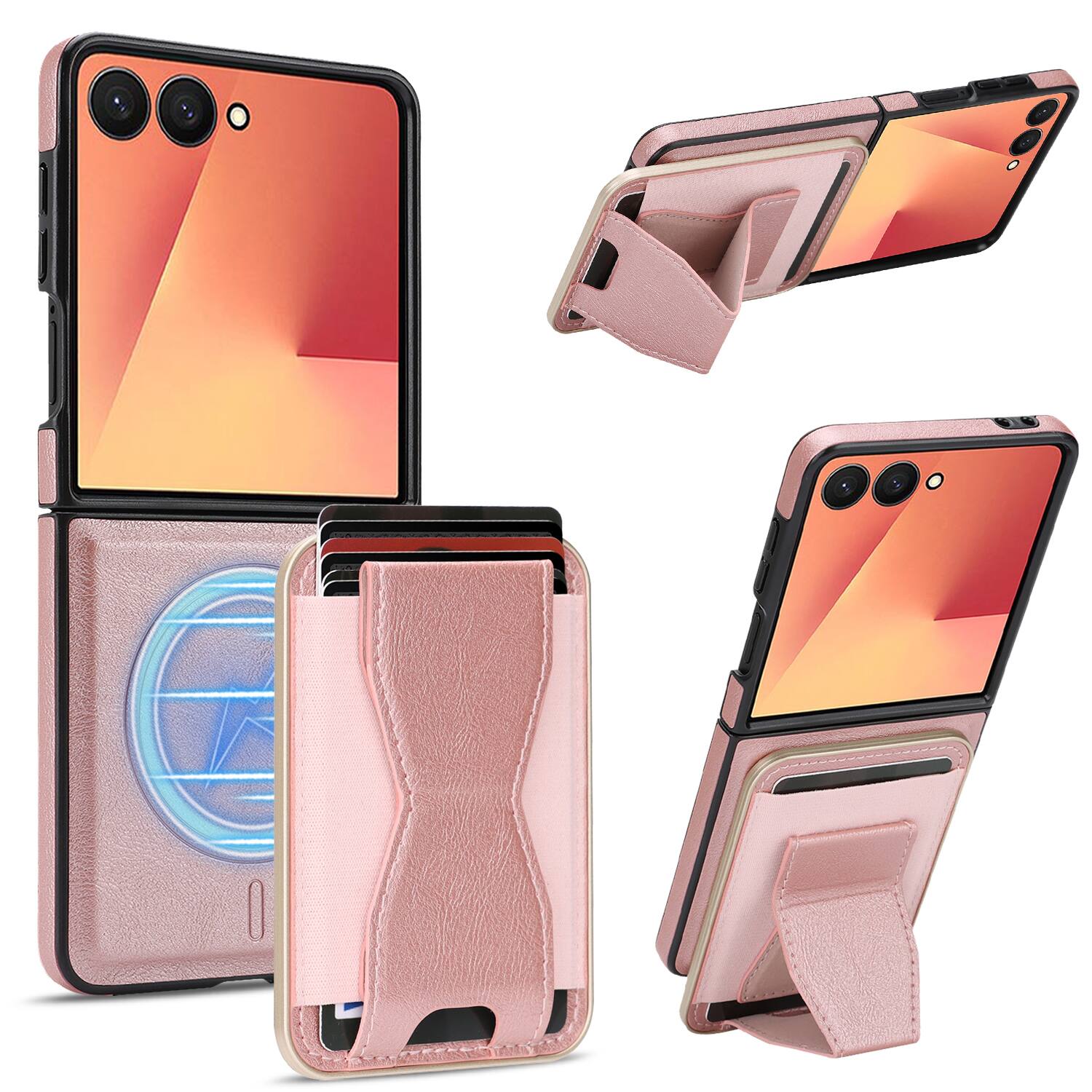 Dteck - Magnetic Case for Samsung Galaxy Z Flip7,Detachable Card Wallet Kickstand Shell,Shockproof 2-in-1 Faux Leather Cover - Pink