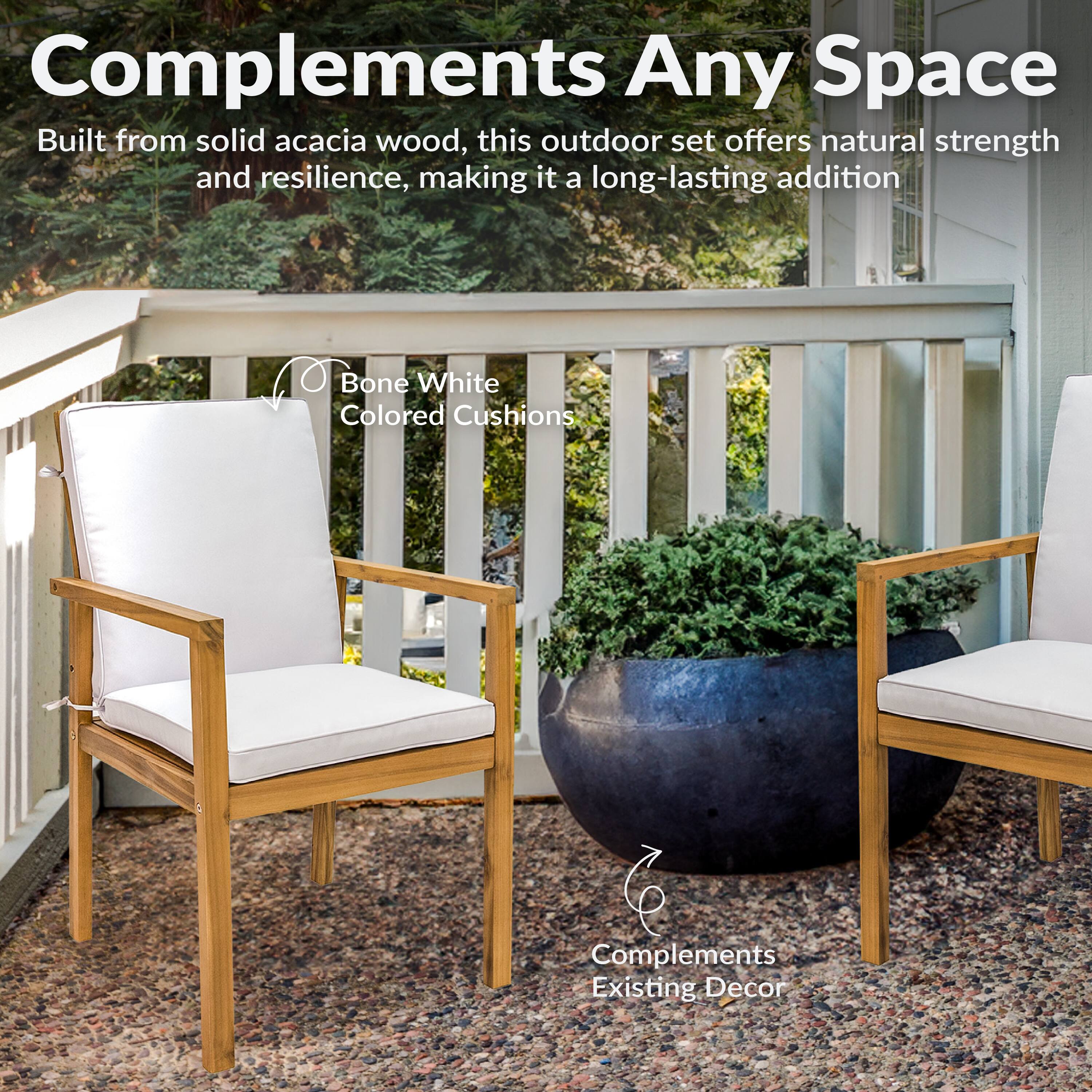 Complements Any Space

Built from solid acacia wood, this outdoor set offers natural strength and resilience, making it a long-lasting addition.

Bone White Colored Cushions

Complements Existing Decor