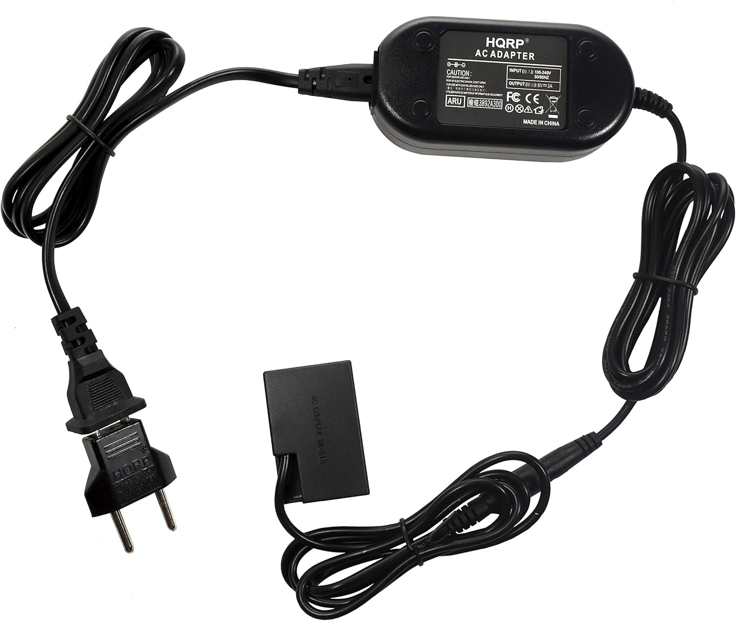 HQRP AC ADAPTER 80 CAUTION: nPT BEX --N - w OVTPUT Bm - ARU 3A.60 CE OOAG N X MADE IN CHINA de HORE DC COUPLER DR-118