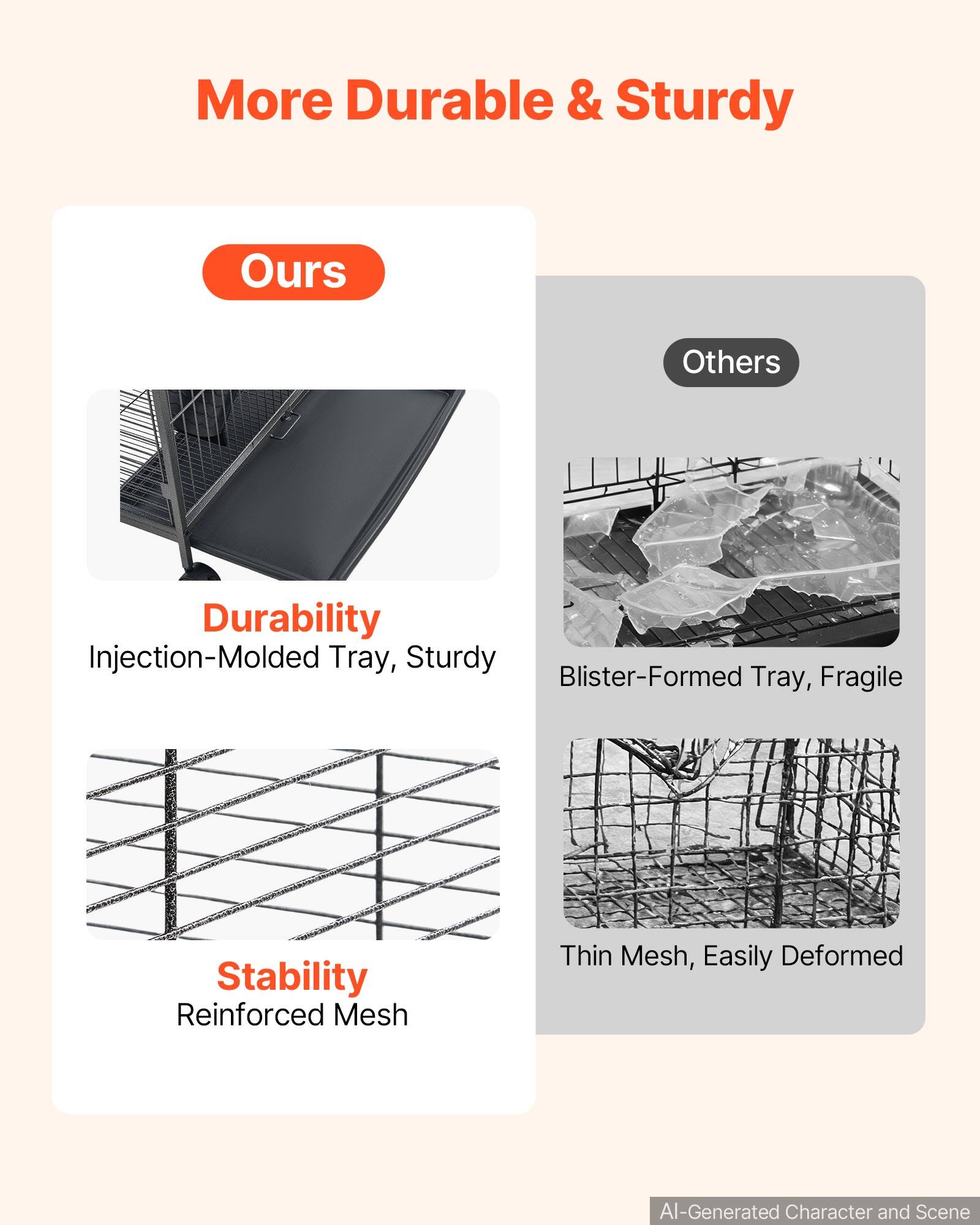 More Durable & Sturdy

Ours
Durability
Injection-Molded Tray, Sturdy
Stability
Reinforced Mesh

Others
Blister-Formed Tray, Fragile
Thin Mesh, Easily Deformed

AI-Generated Character and Scene