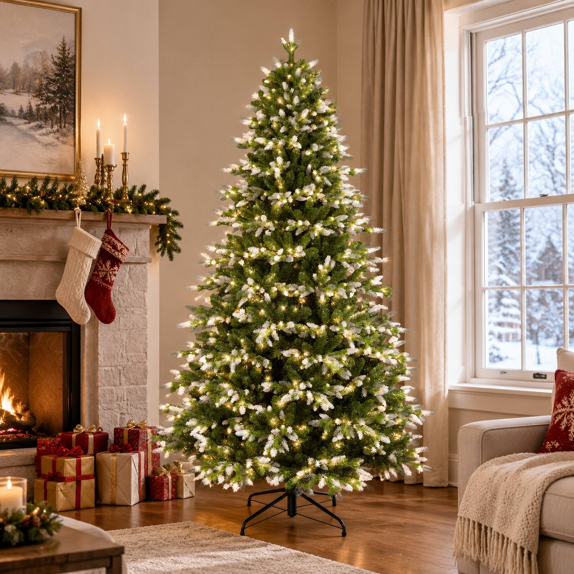 Left. RYHNUYNE - 6FT White-Tipped Artificial Christmas Tree With 1742 PE and PVC Tips and Hinged Branches, Metal Stand - Green.