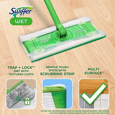 Swiffer WET  
TRAP + LOCK™ TEXTURED CLOTH  
REMOVE TOUGH DIRT WITH SPOTS WITH SCRUBBING STRIP  
MULTI-SURFACE*  

*DO NOT USE ON UNFINISHED, OILED OR WAXED WOODEN BOARDS, NON-SEALED TILES OR CARPETED FLOORS BECAUSE THEY MAY BE WATER SENSITIVE