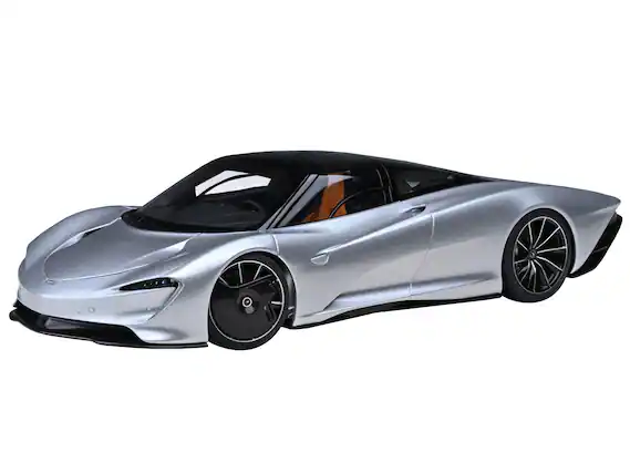 Front. Autoart - McLaren Speedtail Supernova Silver Metallic with Black Top and Suitcase Accessories 1/18 Model Car by Autoart.