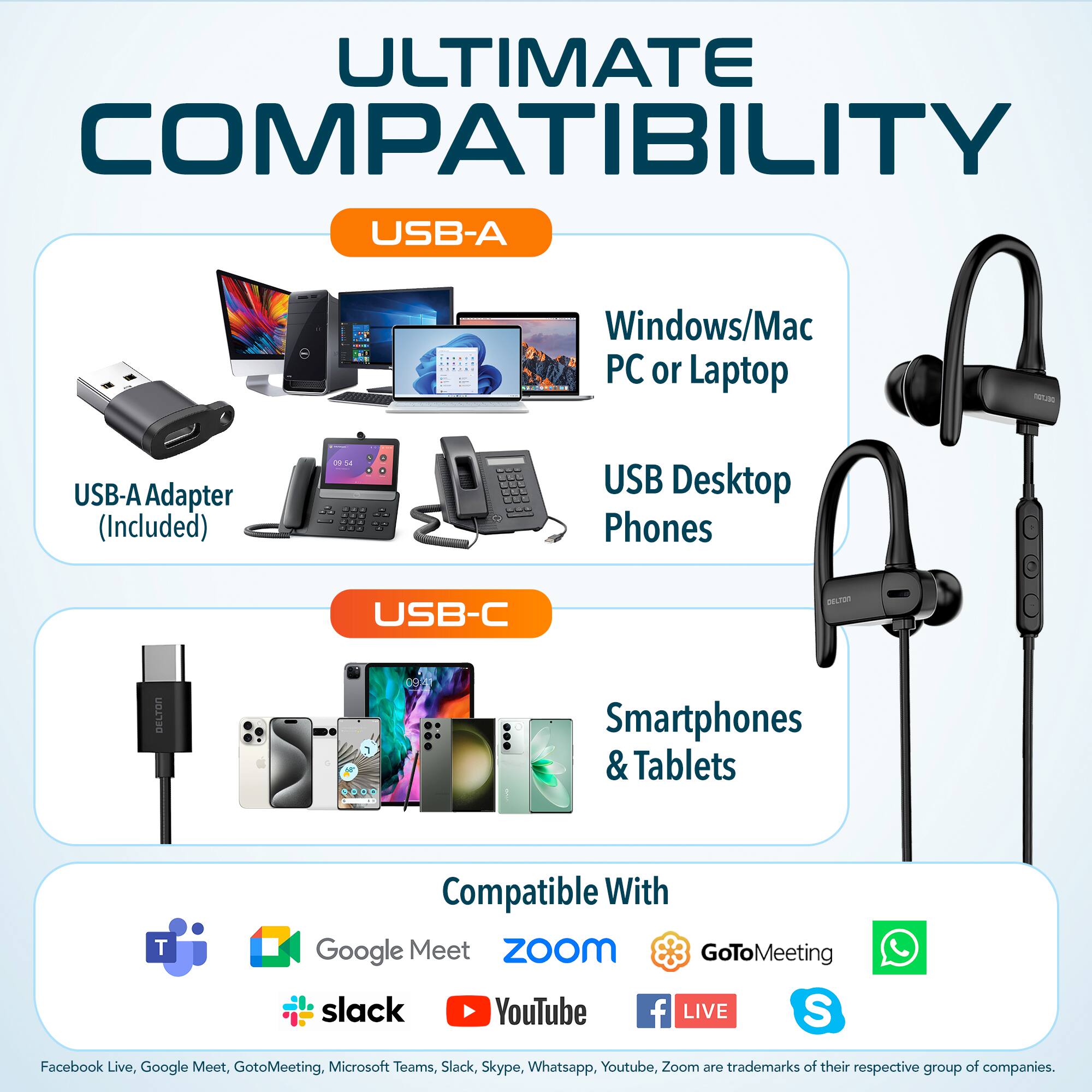 ULTIMATE COMPATIBILITY

USB-A
Windows/Mac PC or Laptop
USB-A Adapter (Included)
USB Desktop Phones

USB-C
Smartphones & Tablets

Compatible With
Google Meet
Zoom
GoToMeeting
slack
YouTube
Facebook Live
S
Skype
WhatsApp

370 trademarks of their respective group of companies.