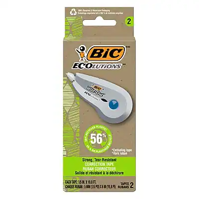BIC ECOLOGIQUES
Wite-Out RECYCLED PLASTIC
56% Recycled Plastic
Excluding Hors ruban tape
Strong, Tear-Resistant
CORRECTION TAPE
RUBAN CORRECTEUR
Solide et résistant à la déchirure
Each Tape 15 in. (38.1 cm) x 6 in. (152.4 cm)
Chaque ruban : 15 PO (38,1 cm) x 6 PO (152,4 cm)
Tapes 2
Rubans 2