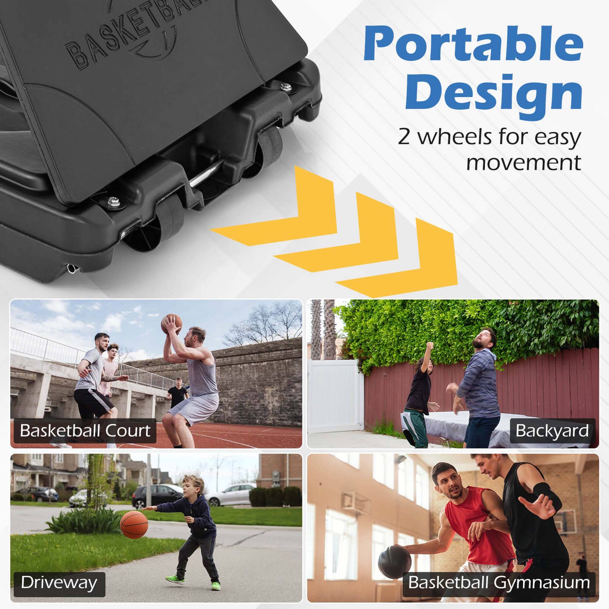 Portable Design  
2 wheels for easy movement  

Basketball Court  
Backyard  
Driveway  
Basketball Gymnasium