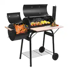 Front. Winado - Charcoal Grill Stainless Steel Barbecue Oil Drum Stove with Offset Smoker, Shelf, Wheels for Outdoor Patio Camping - Black.