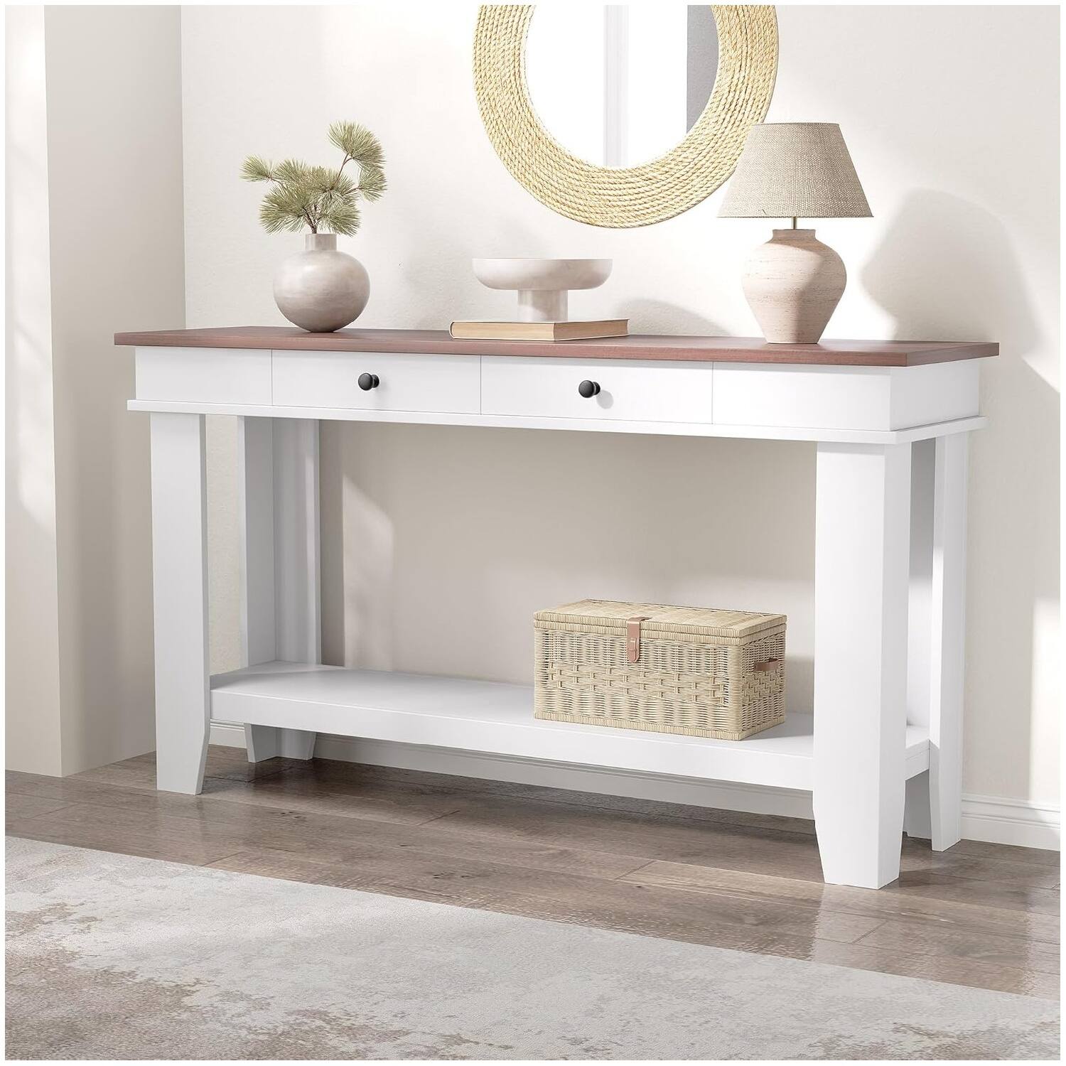 Back. GARVEE - Long Console Table with Drawers, Wooden Rectangular Entryway Table - Brown and White.
