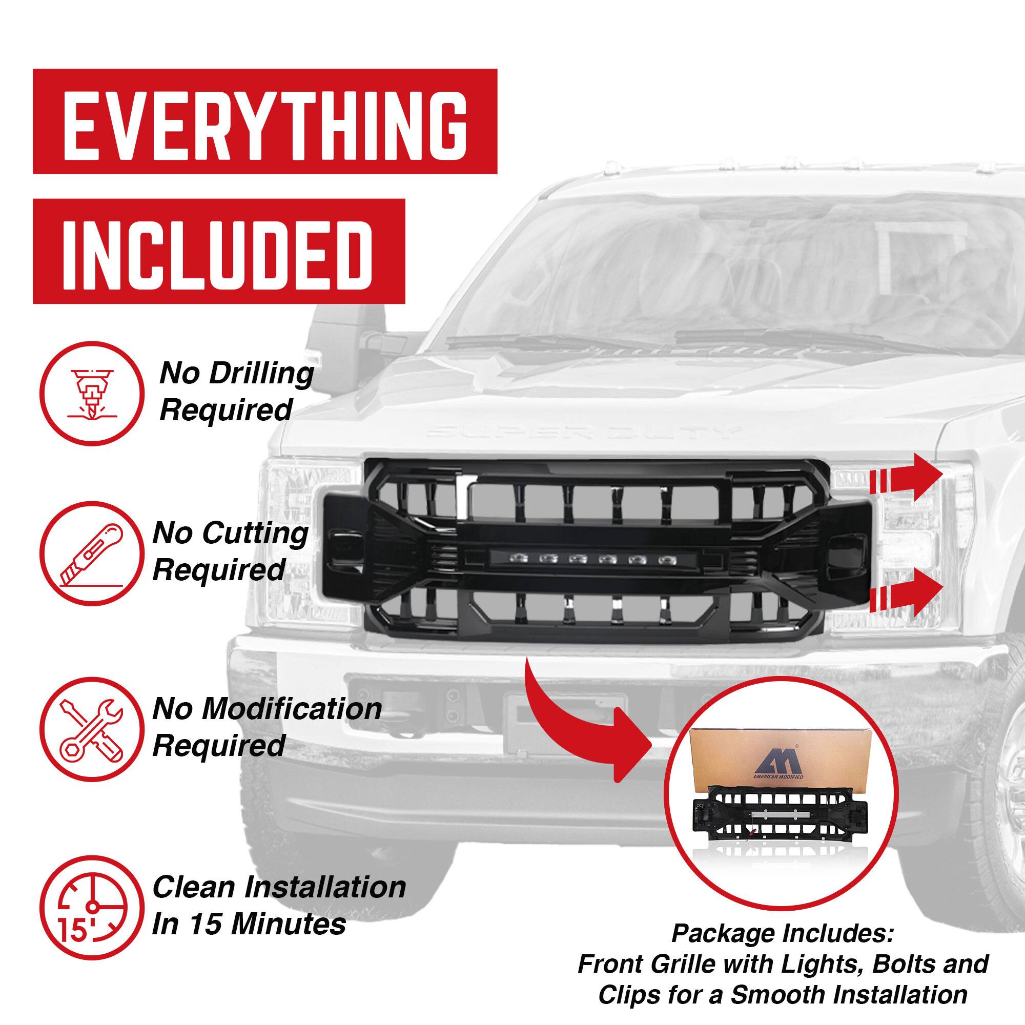 **EVERYTHING INCLUDED**

- No Drilling Required
- No Cutting Required
- No Modification Required
- Clean Installation In 15 Minutes

**Package Includes:**
Front Grille with Lights, Bolts and Clips for a Smooth Installation