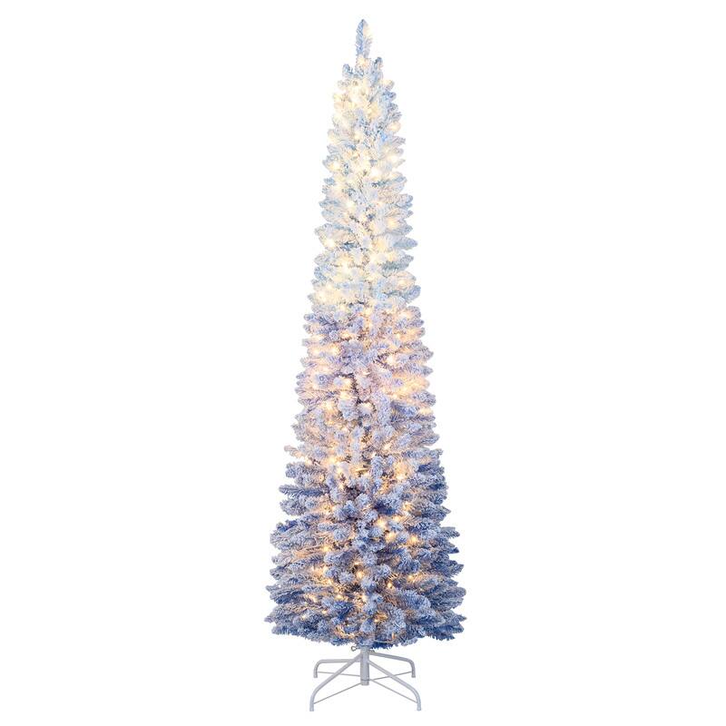 Angle. WELLFOR - 7ft Prelit Snow‑Flocked Artificial Pencil Christmas Tree with Warm White Lights, 588 Full Branch Tips - Blue & White.