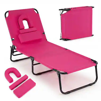 Front. Costway - Costway Folding Beach Sun Lounger with Face Hole & Removable Pillows, 4-Position Backrest - Pink.