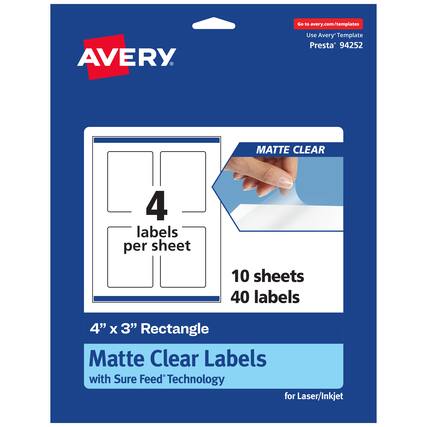 Go to avery.com/templates
Use Avery Template Presta® 94252
MATTE CLEAR
4 labels per sheet
10 sheets 40 labels
4" x 3" Rectangle Matte Clear Labels with Sure Feed® Technology for Laser/Inkjet