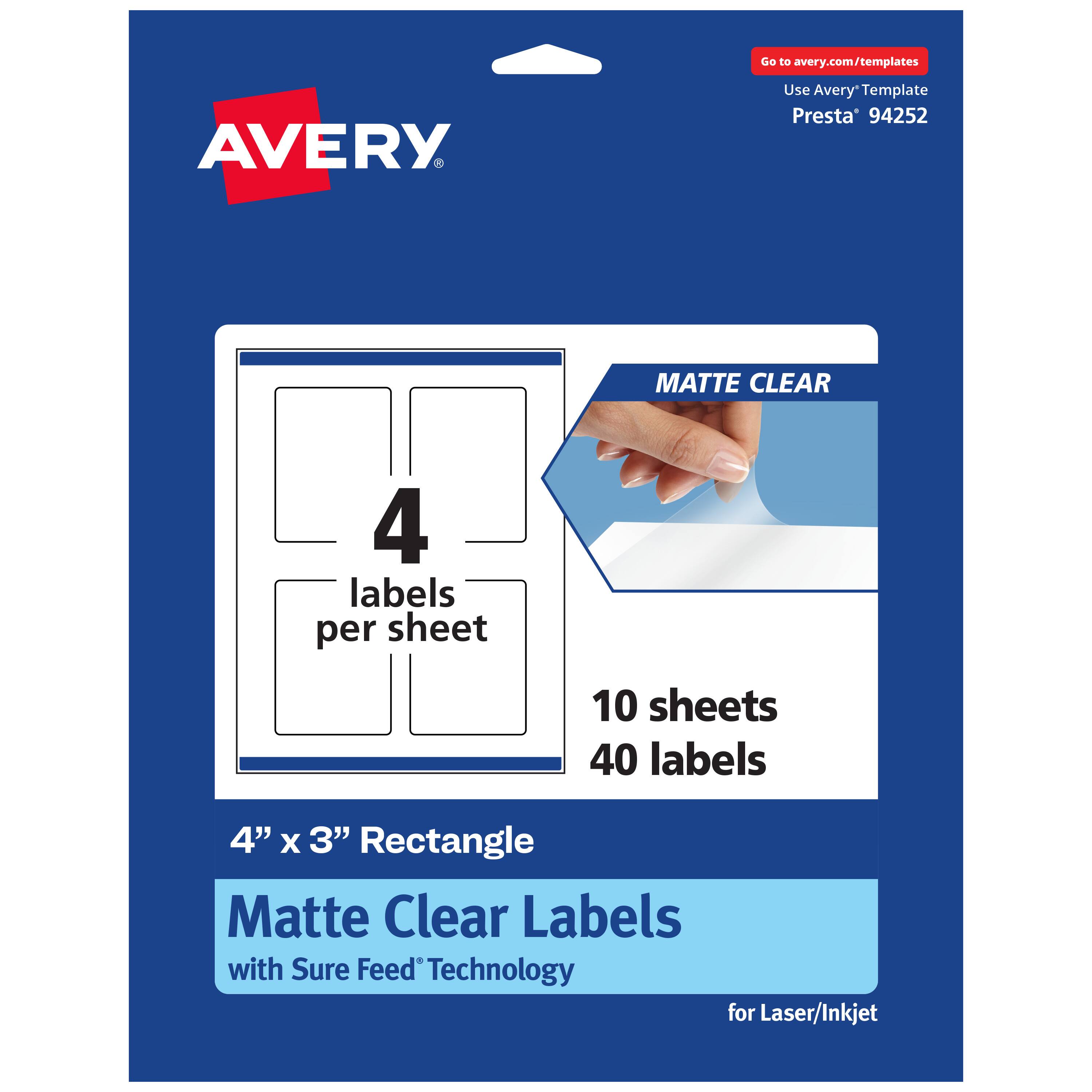 Go to avery.com/templates  
Use Avery Template Presta® 94252  

MATTE CLEAR  
4 labels per sheet  
10 sheets 40 labels  

4" x 3" Rectangle Matte Clear Labels with Sure Feed® Technology for Laser/Inkjet