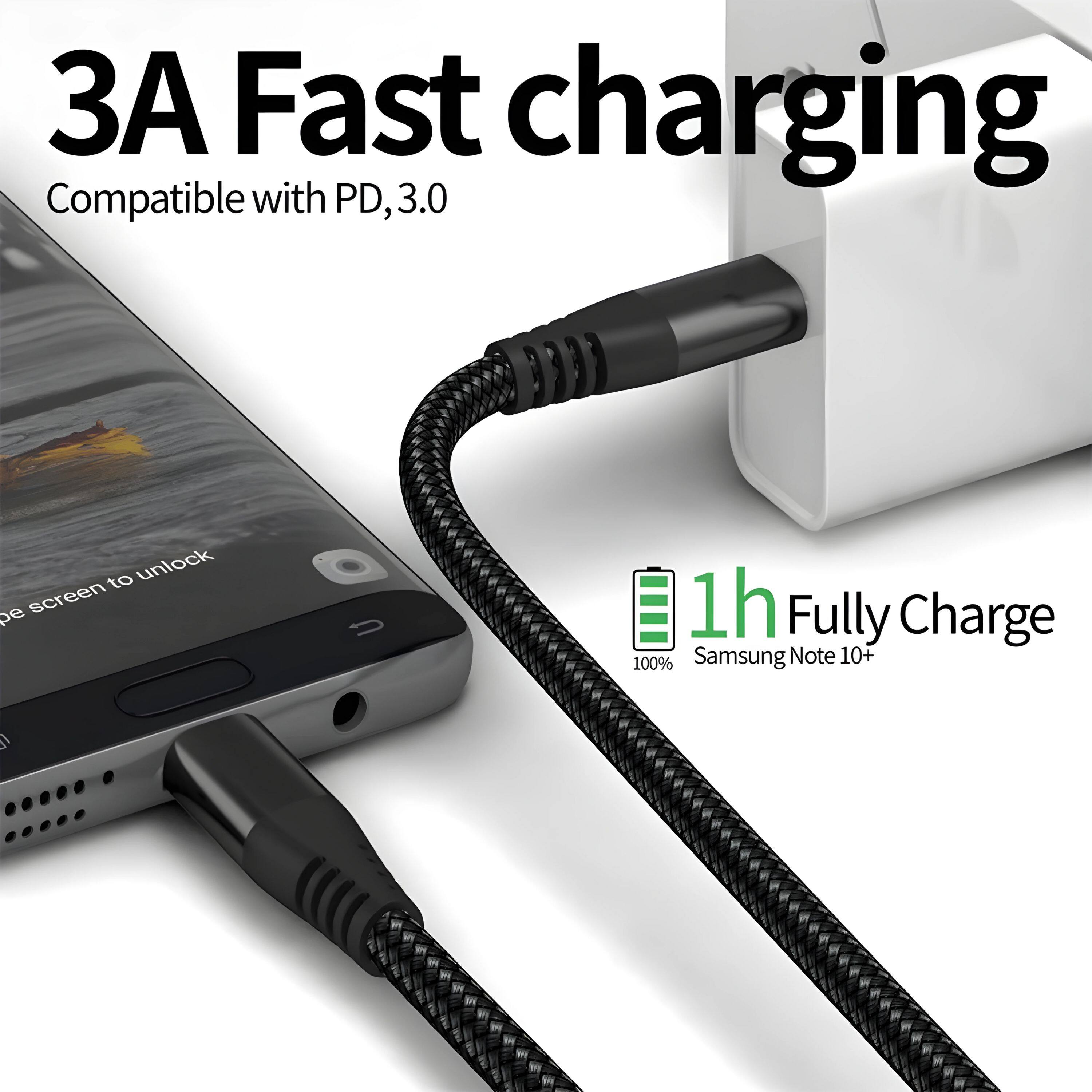 3A Fast charging  
Compatible with PD, 3.0  

1h Fully Charge  
100% Samsung Note 10+  

Swipe screen to unlock