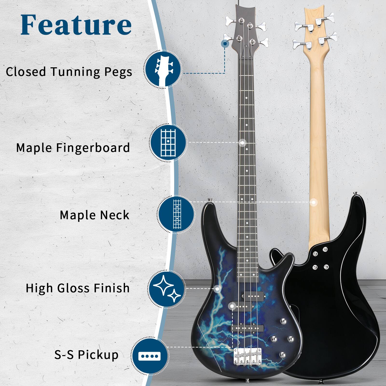 Feature
- Closed Tuning Pegs
- Maple Fingerboard
- Maple Neck
- High Gloss Finish
- S-S Pickup