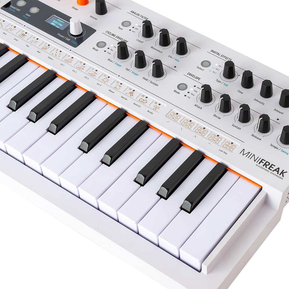 Sure, here is the corrected and grouped text from the image:

**Sound Sat Panel**
- Save
- Load
- Shape

**ANALOG FILTER**
- Knob
- Filter
- Preset
- Type
- Cycling
- Envelope
- Cutoff
- Resonance
- Mode
- Rise
- Full / Shape

**CYCLING ENVELOPE**
- Mode
- Rise / Shape
- Hold
- Decay / Sustain

**DIGITAL EFFECTS**
- Select
- Type
- Sub
- Time
- Intensity
- Amount
- Attack
- Decay
- Sustain
- Release

**ENVELOPE**
- Mode
- Sub
- Time
- Intensity
- Amount
- Attack
- Decay
- Sustain
- Release

**MINIFREAK**
- Algorithmic Synthesizer

**Tempo / Swing**
- Last Step

**Buttons**
- Play
- Stop
- Record
- Loop
- Hold
- Octave
- Transpose
- Modulation
- Filter
- Effects
- Arpeggiator
- Random
- Random 2
- Random 3
- Random 4
- Random 