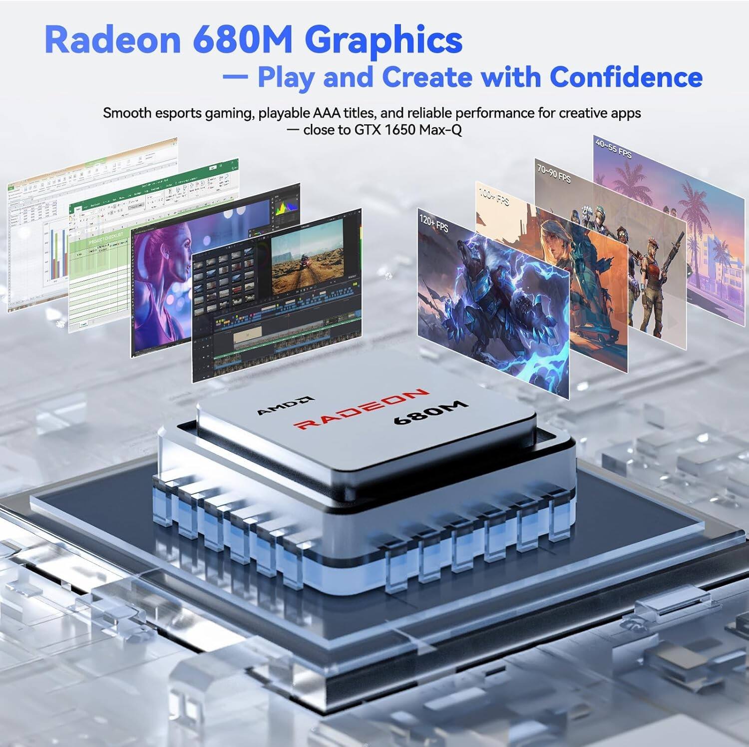 Radeon 680M Graphics  
— Play and Create with Confidence  

Smooth esports gaming, playable AAA titles, and reliable performance for creative apps  
— close to GTX 1650 Max-Q  

40-55 FPS  
70-90 FPS  
120+ FPS  
100+ FPS