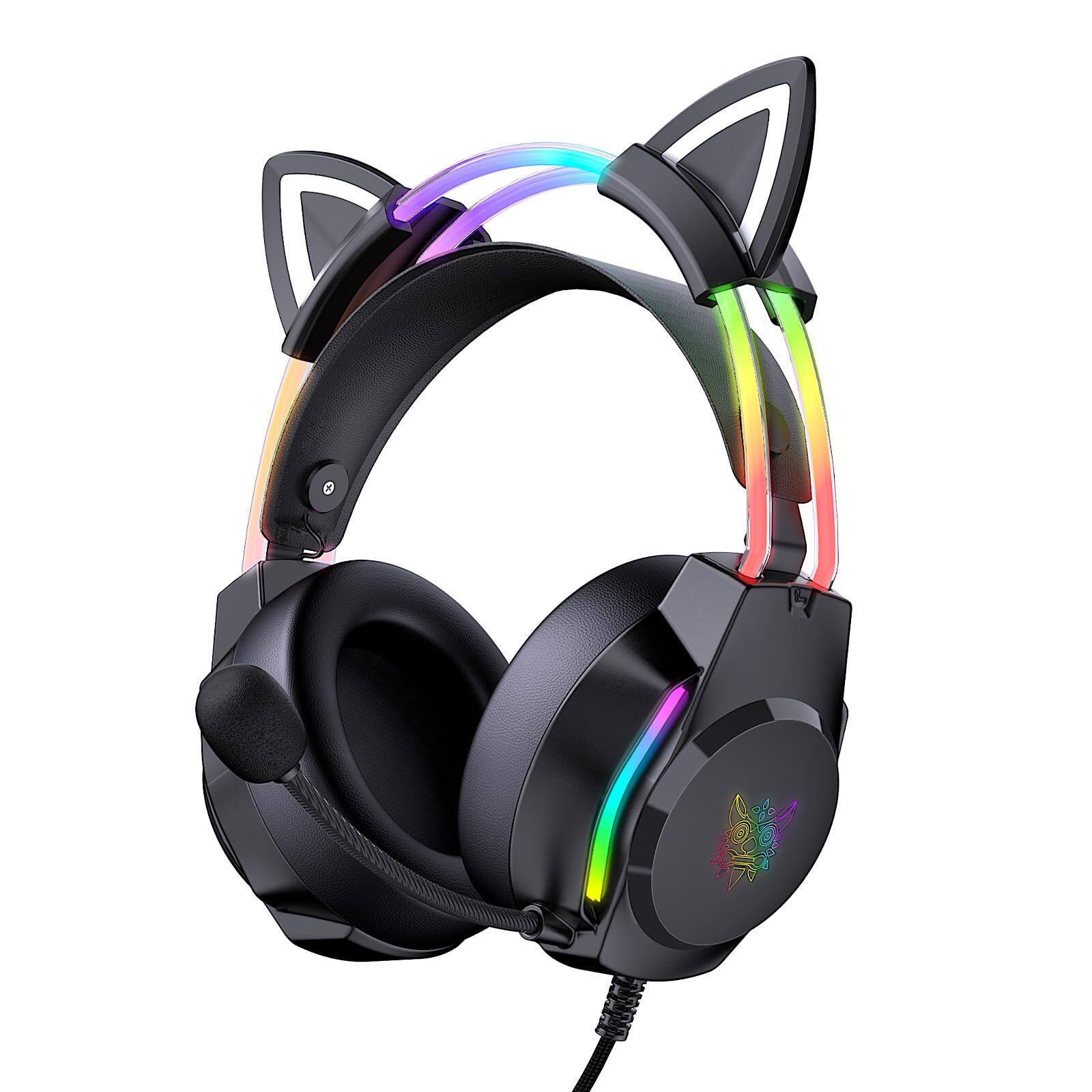 Front. PO3TICJUNKI3 - Gaming Headset With Microphone Cat Ear Headphones For Pc Laptop Ps4 Ps5 Rainbow Rgb Lighting Surround Sound - Black Cat Ear.