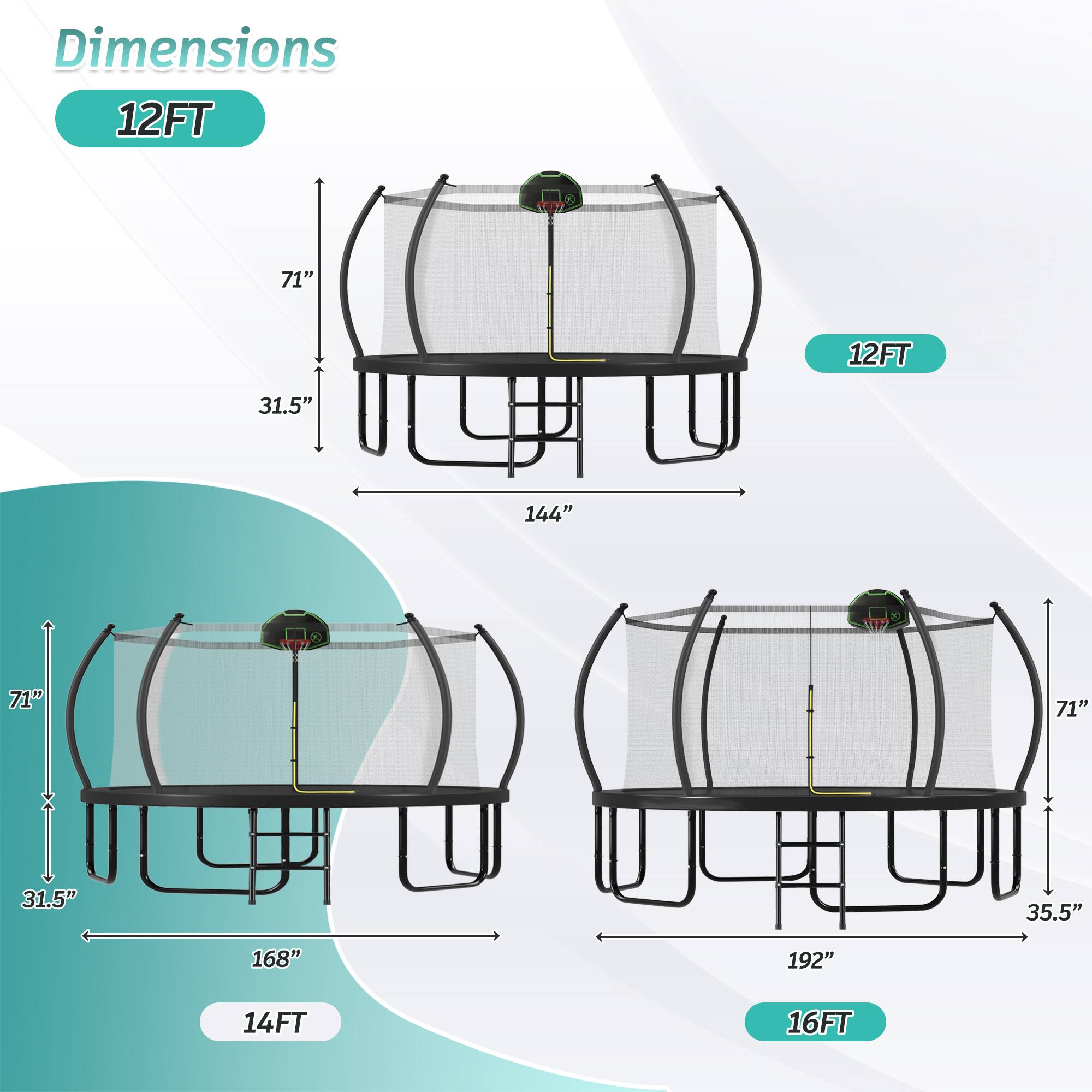 Dimensions

12FT
- Height: 71"
- Width: 144"
- Depth: 31.5"

14FT
- Height: 71"
- Width: 168"
- Depth: 31.5"

16FT
- Height: 71"
- Width: 192"
- Depth: 35.5"