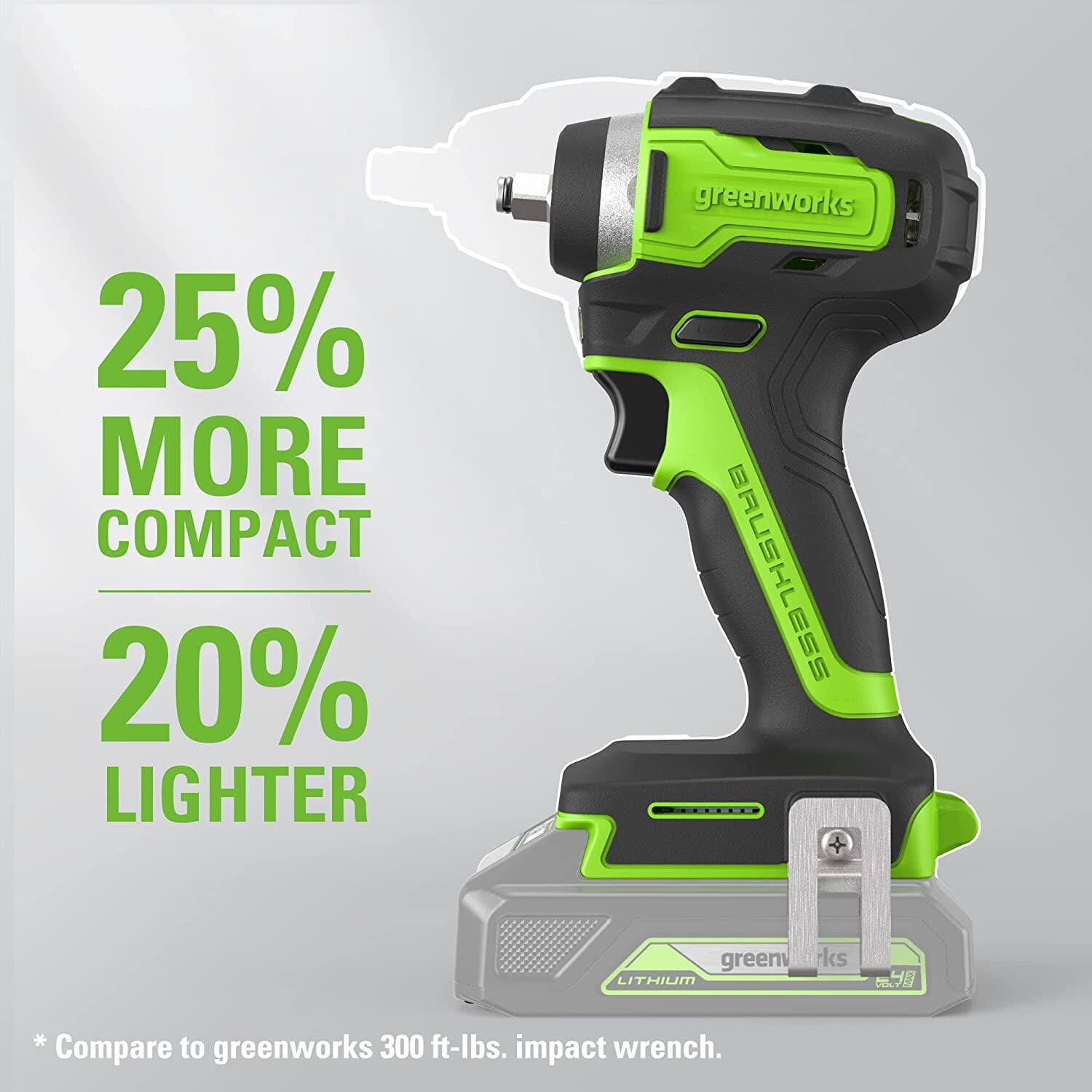 25% MORE COMPACT  
20% LIGHTER  

*Compare to greenworks 300 ft-lbs. impact wrench.  

greenworks  
BRUSHLESS  
LITHIUM