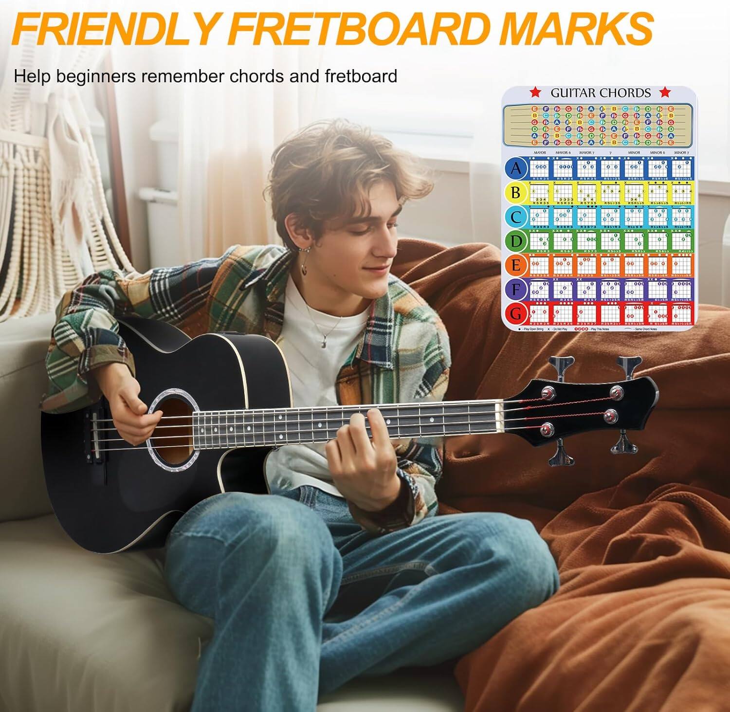 FRIENDLY FRETBOARD MARKS  
Help beginners remember chords and fretboard  

GUITAR CHORDS  
A B C D E F G