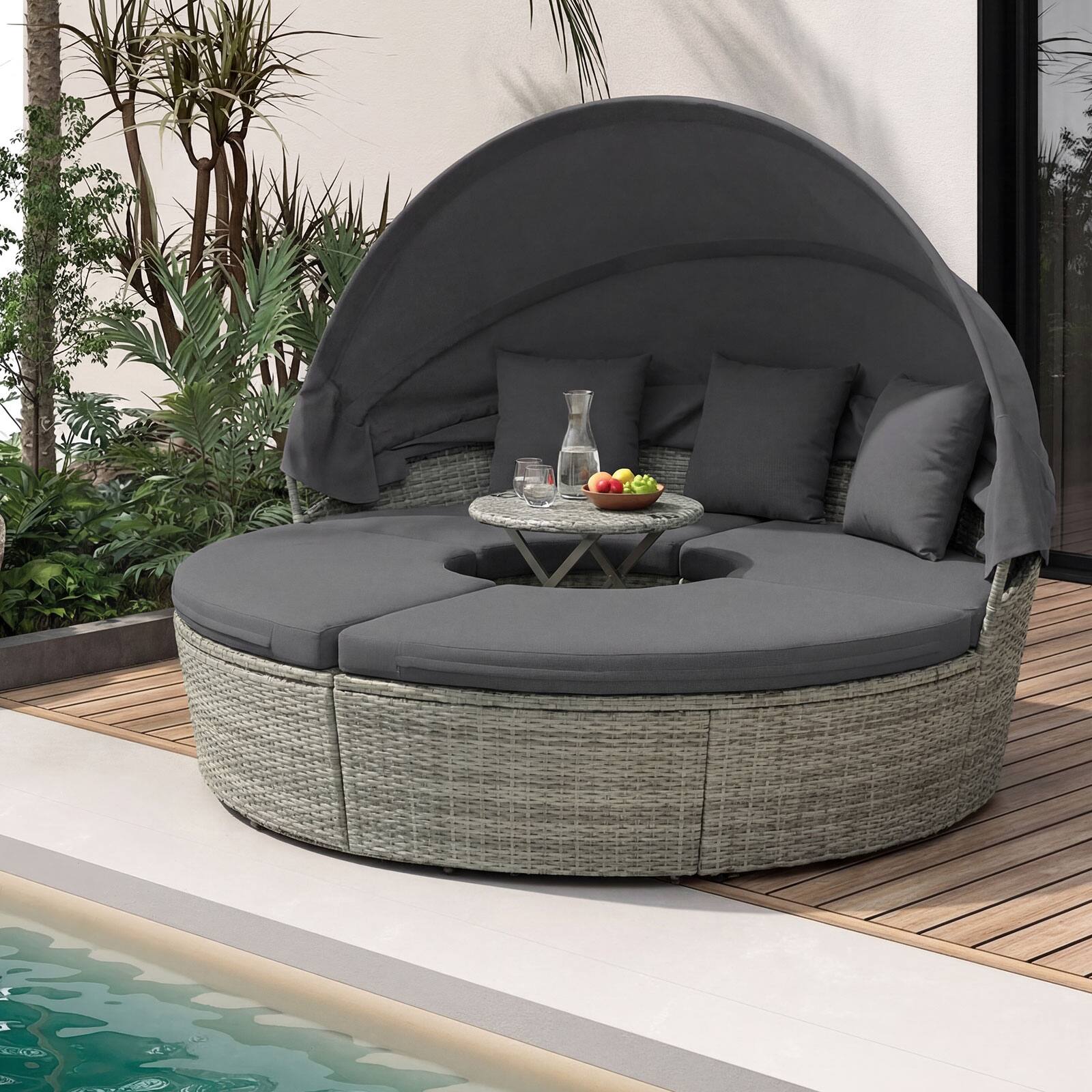 Alt View 1. Costway - Costway Outdoor Round Daybed with Retractable Canopy, Cushions & Throw Pillows for Lawn - Gray.