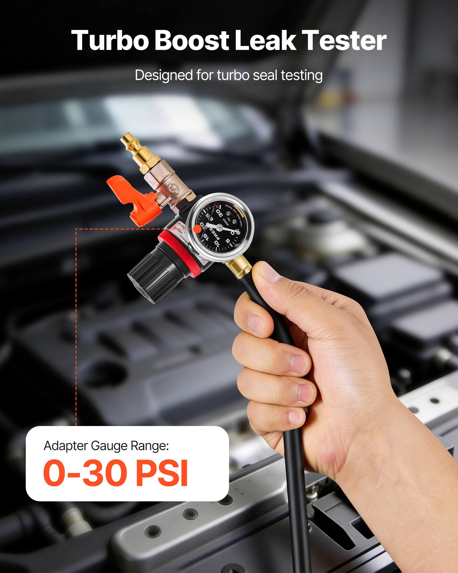 Turbo Boost Leak Tester  
Designed for turbo seal testing  

Adapter Gauge Range: 0-30 PSI