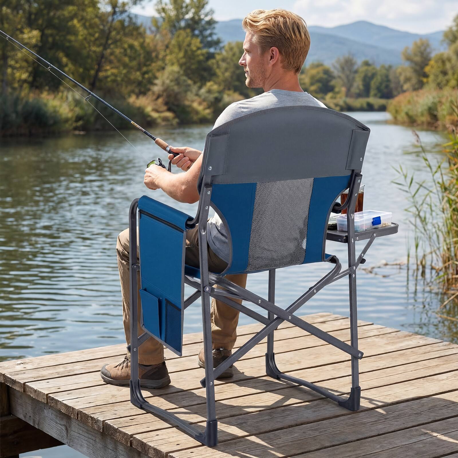 Alt View 1. Gymax - Gymax Folding Camping Chair Oversized Padded Portable Directors Chair w/ Side Table Navy & Gray - Blue.