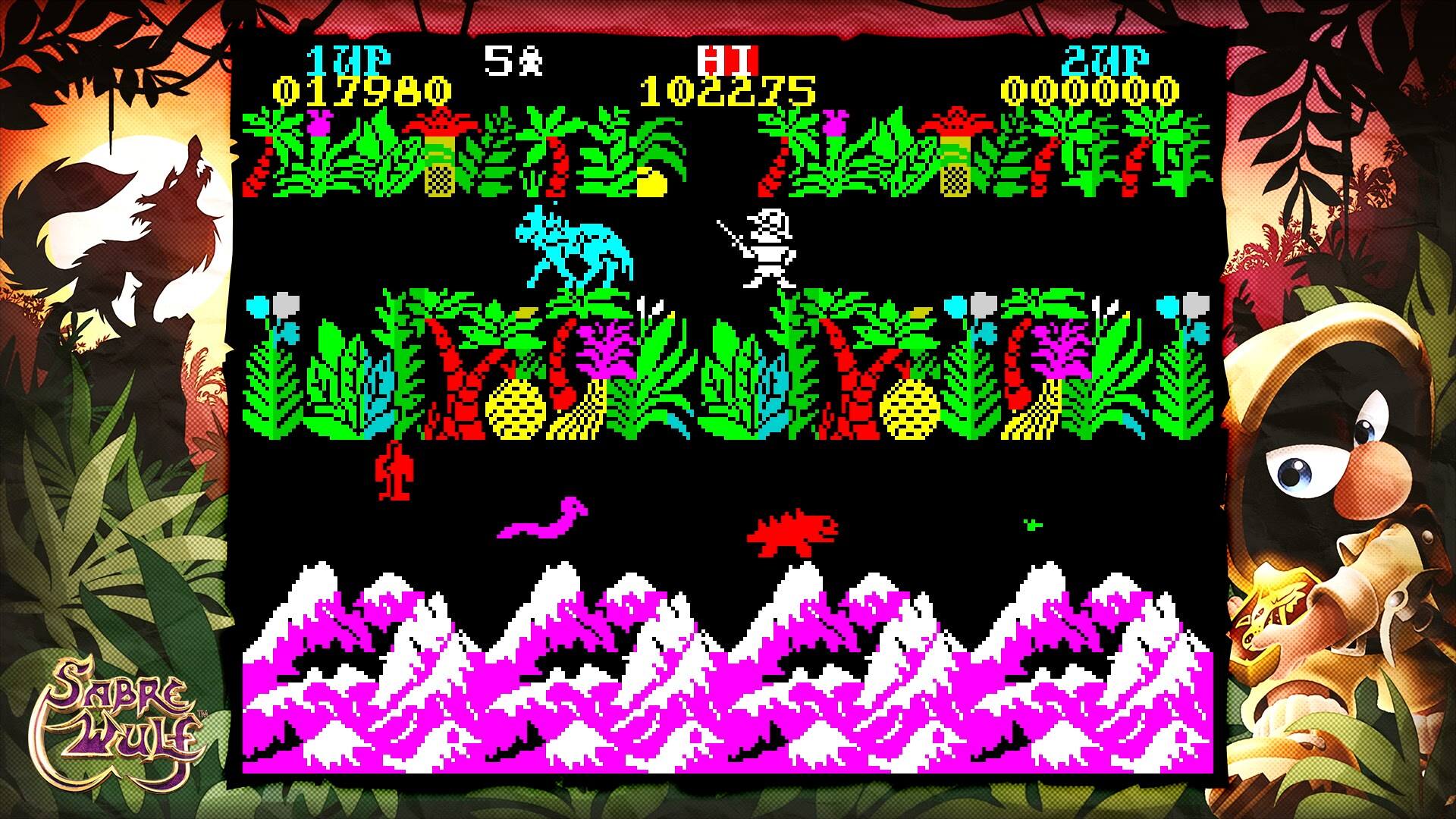 The text on the image is: "1 5* HI 2uP 017980 102275 000000  IO SABRE ZULE". This text is likely a reference to the game's high score, with the numbers representing the score and the letters representing the player's name or initials.