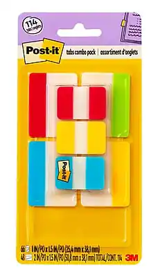 114 total pieces
Post-it
tabs combo pack
assortiment d'onglets
66 1N/PO x 15N/PO (25.4 mm x 38.1 mm)
48 2N/PO x 15N/PO (50.8 mm x 38.1 mm)
TOTAL/CONT. T1A 3M