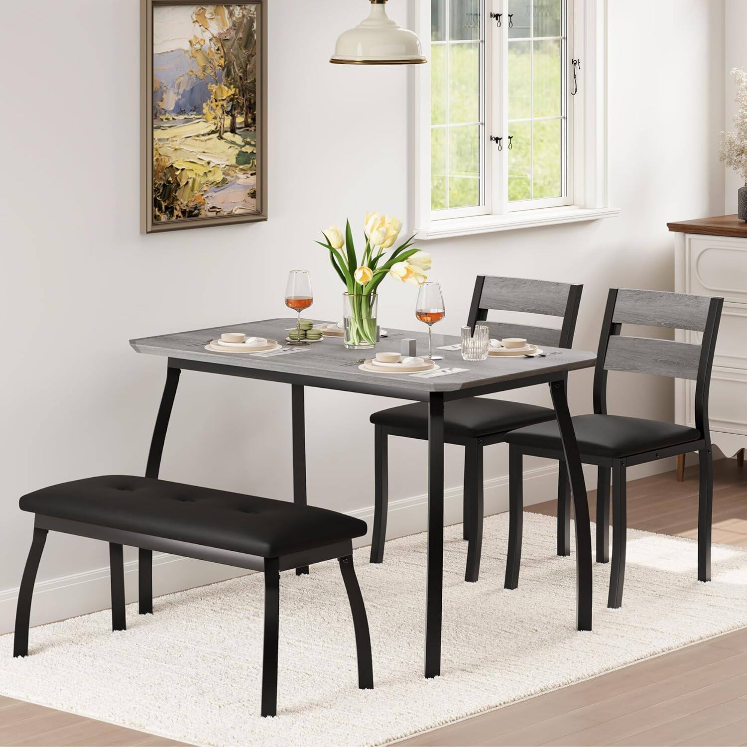 Back. Qeetex - 4-Piece Farmhouse Table Set with 2 Chairs & Bench for Small Spaces - Gray.