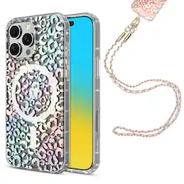 Mybat Pro - MagSafe Case for Apple iPhone 16 Pro Max with Crossbody Strap/ USB-C Charging Cable -Leopard - Clear