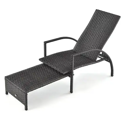 Front. Pefilos - Patio Lounge Chair, Patio Chaise Lounge Outdoor Rattan Lounge Chair with Retractable Ottoman Cushion - Brown.