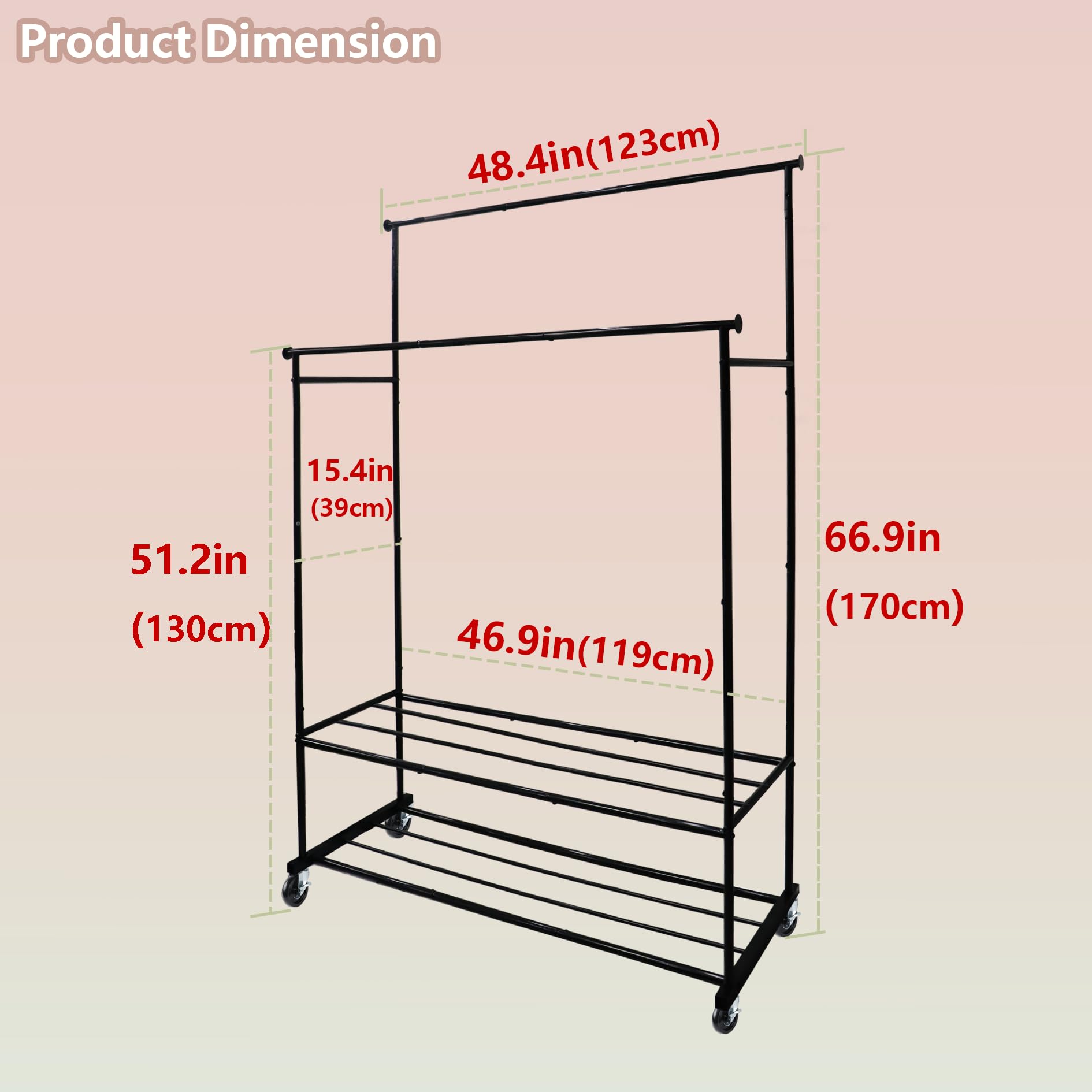 Product Dimension  
48.4in (123cm)  
15.4in (39cm)  
51.2in (130cm)  
66.9in (170cm)  
46.9in (119cm)