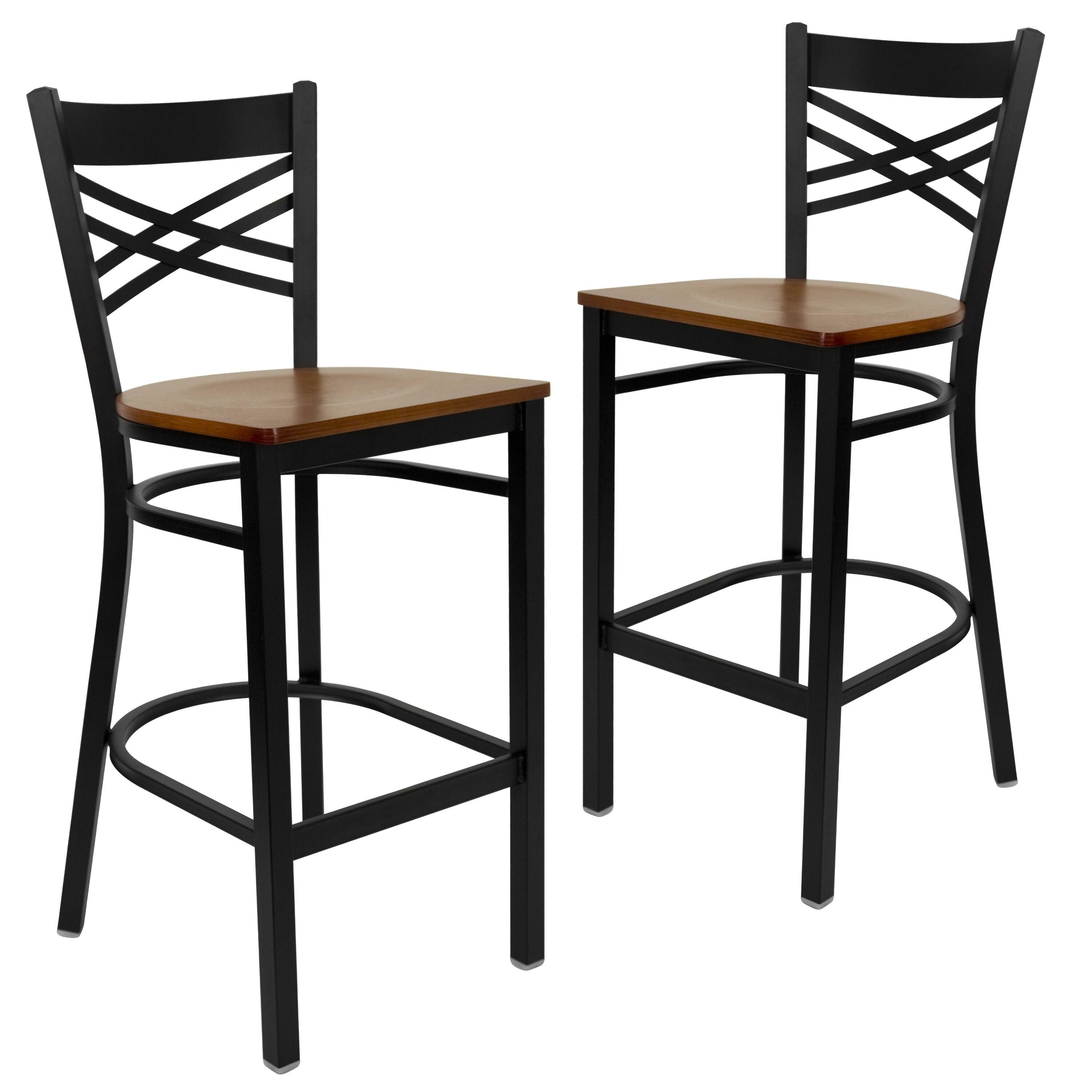 Front. Emma + Oliver - 2 Pack "X" Back Metal Restaurant Barstool - Cherry Wood Seat/Black Metal Frame.