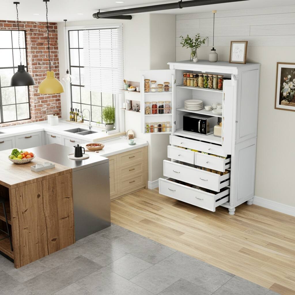 Left. Forest'nSky - 77.3" Tall Kitchen Pantry, 43.3" Wide Storage Cabinet with 5 Drawers & 6 Door Shelves, White - White.